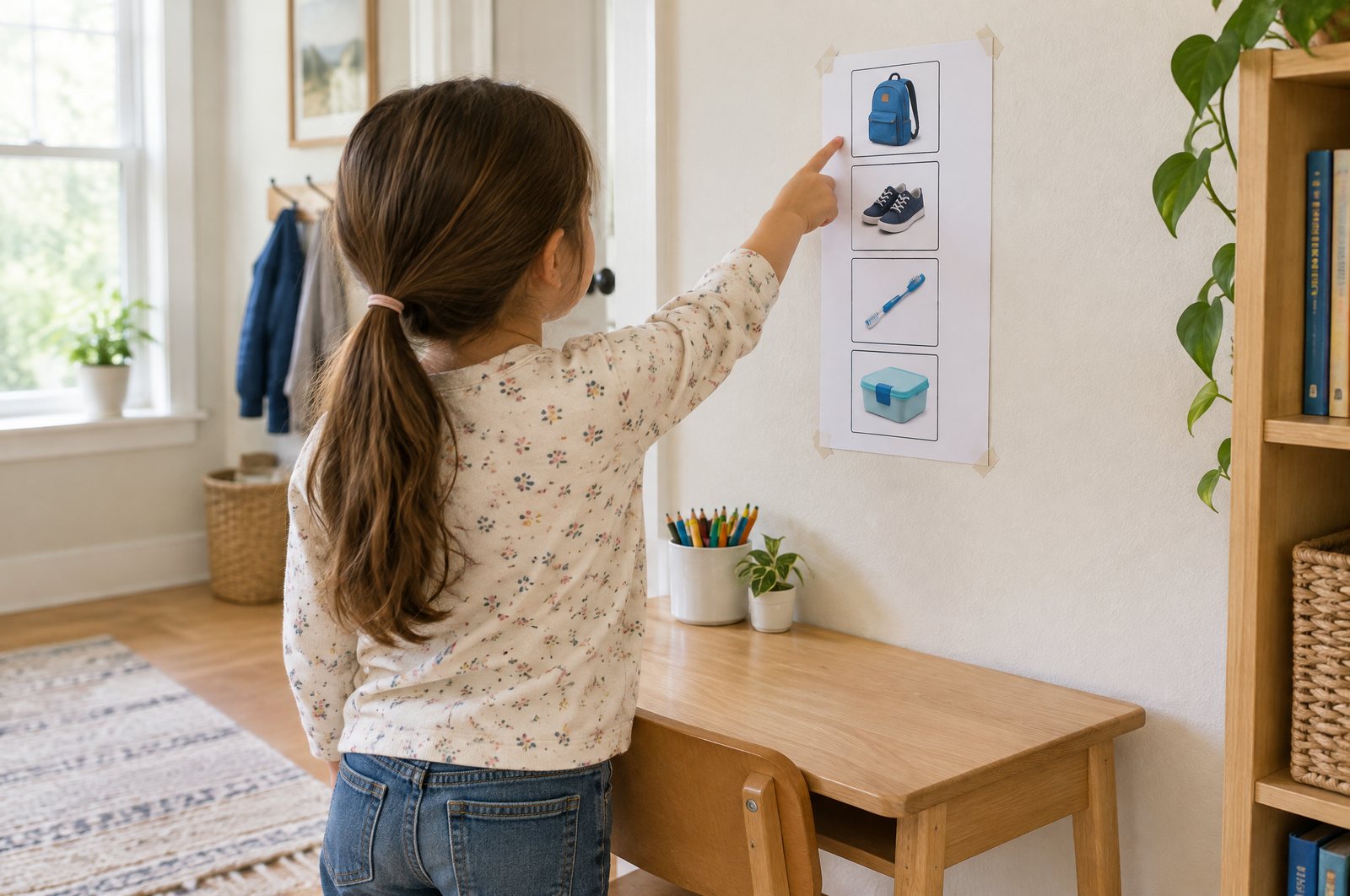 Child pointing at a picture checklist next to a homework desk