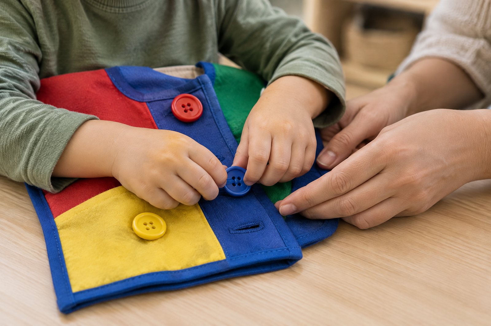 Child practicing buttons on a fabric vest while a therapist guides their hands