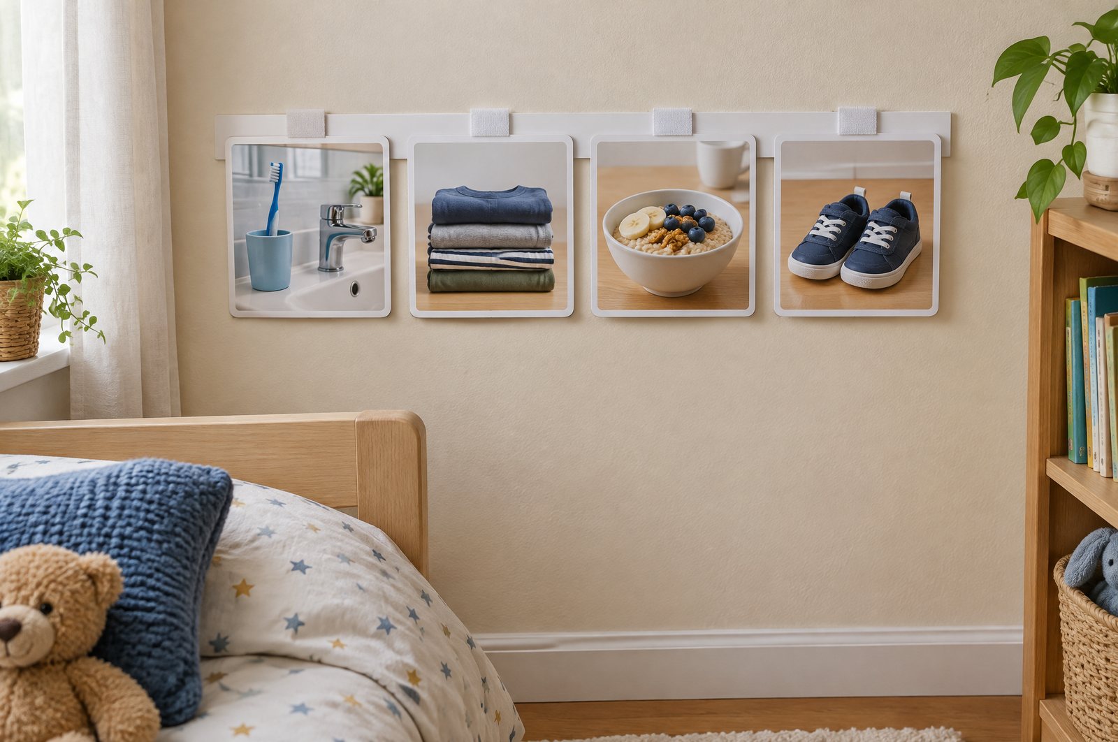 Picture-based morning routine chart on a bedroom wall showing brushing teeth, getting dressed, breakfast, and shoes