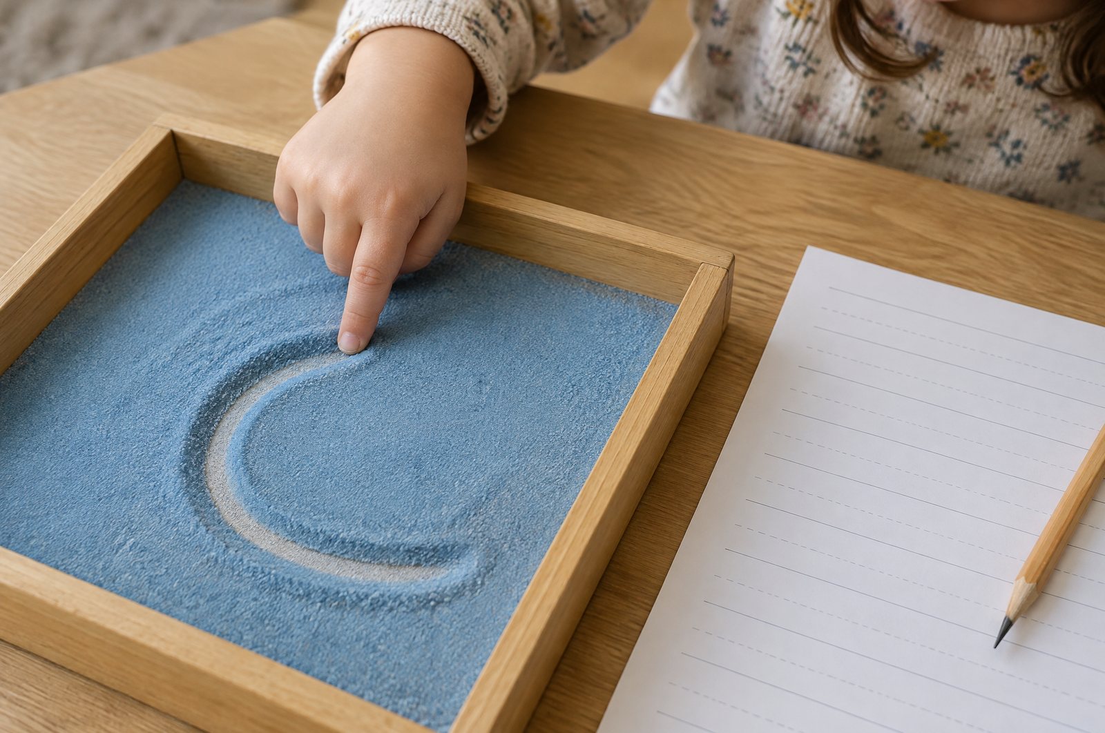 Child tracing a letter shape in a sand tray before writing on paper