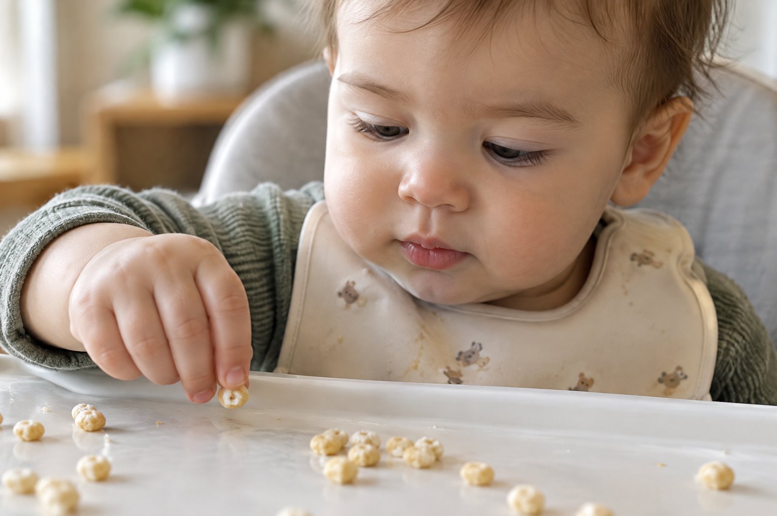 Baby picking up a cereal puff with thumb and pointer finger
