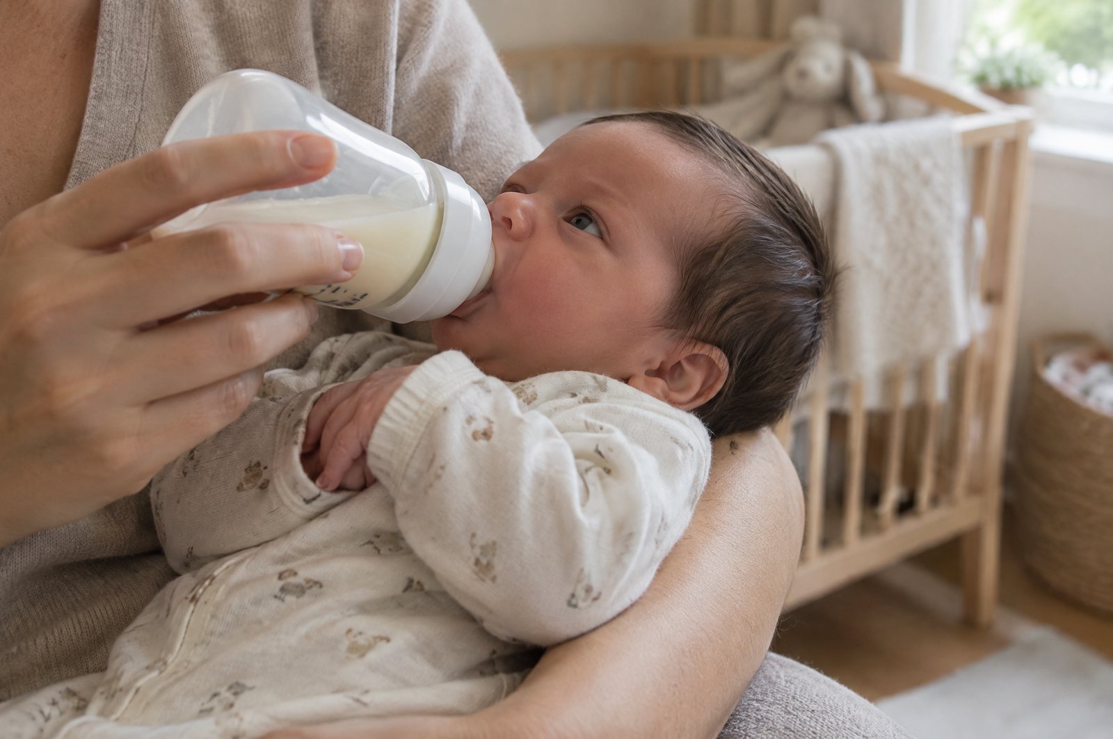 Parent bottle-feeding a newborn baby in a quiet nursery