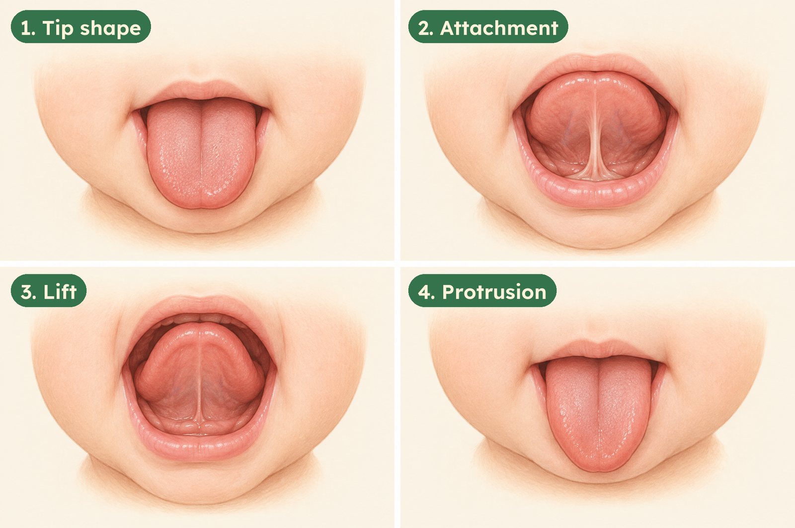 Illustration of the four Bristol checks: tip shape, attachment, lift, and protrusion