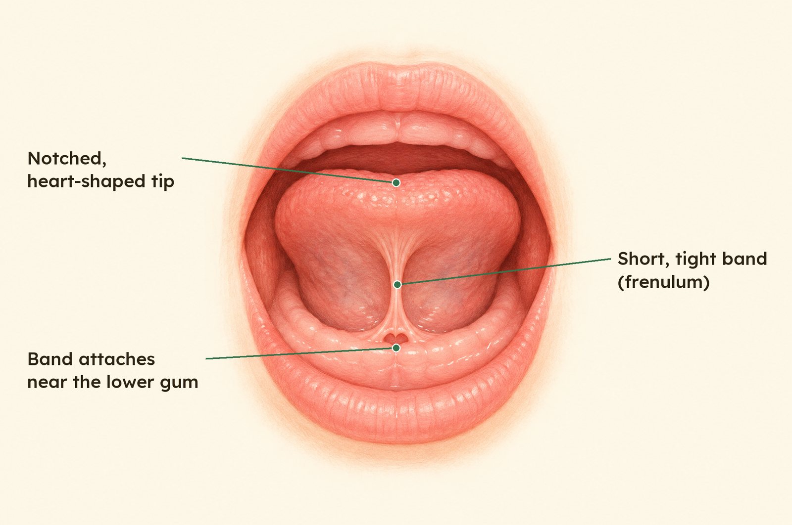 Illustration of a tongue tie: the tongue lifted to show a short, tight frenulum, a notched heart-shaped tip, and the band attaching near the lower gum