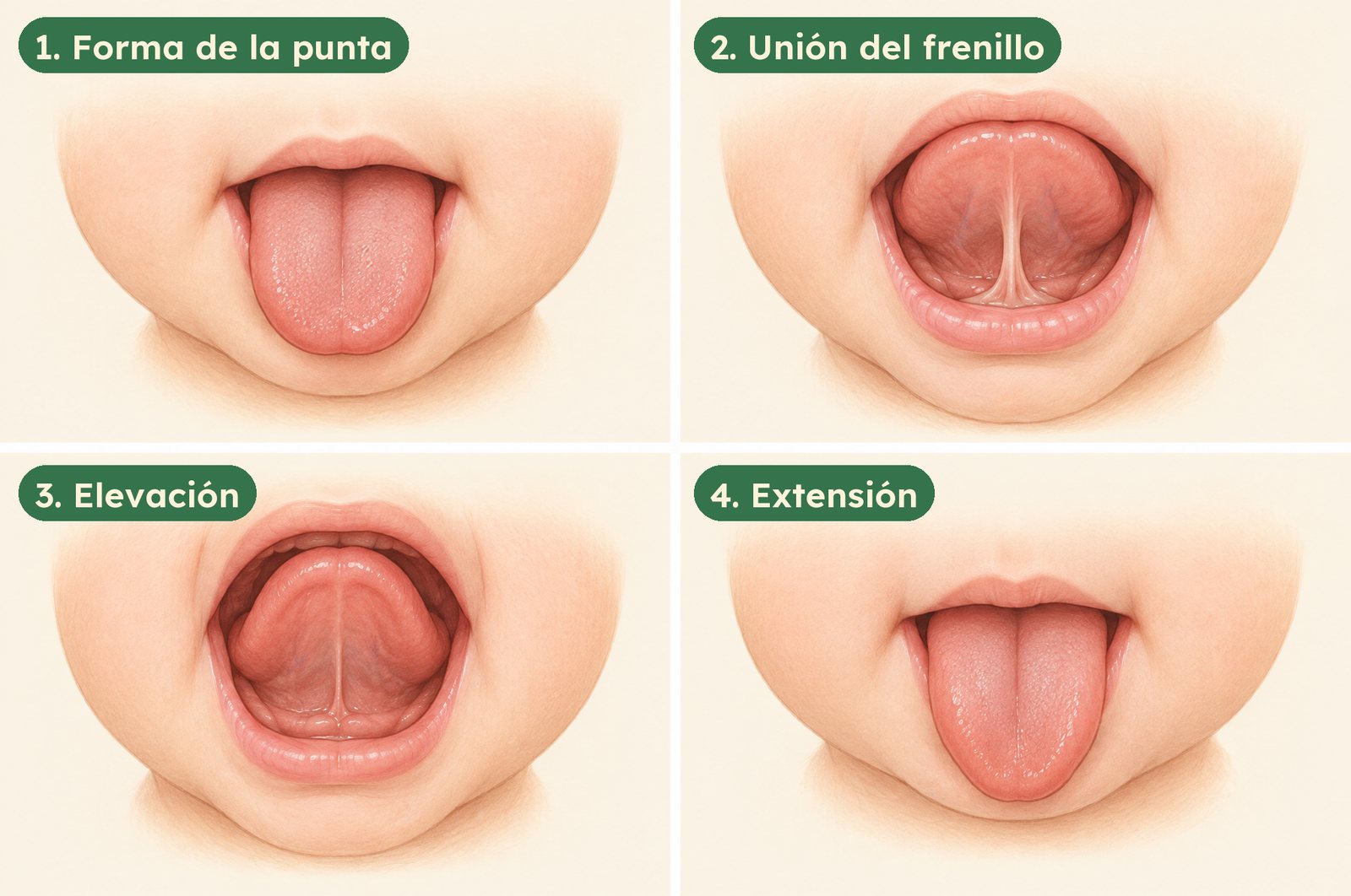 Ilustración de las cuatro revisiones de Bristol: forma de la punta, unión del frenillo, elevación y extensión