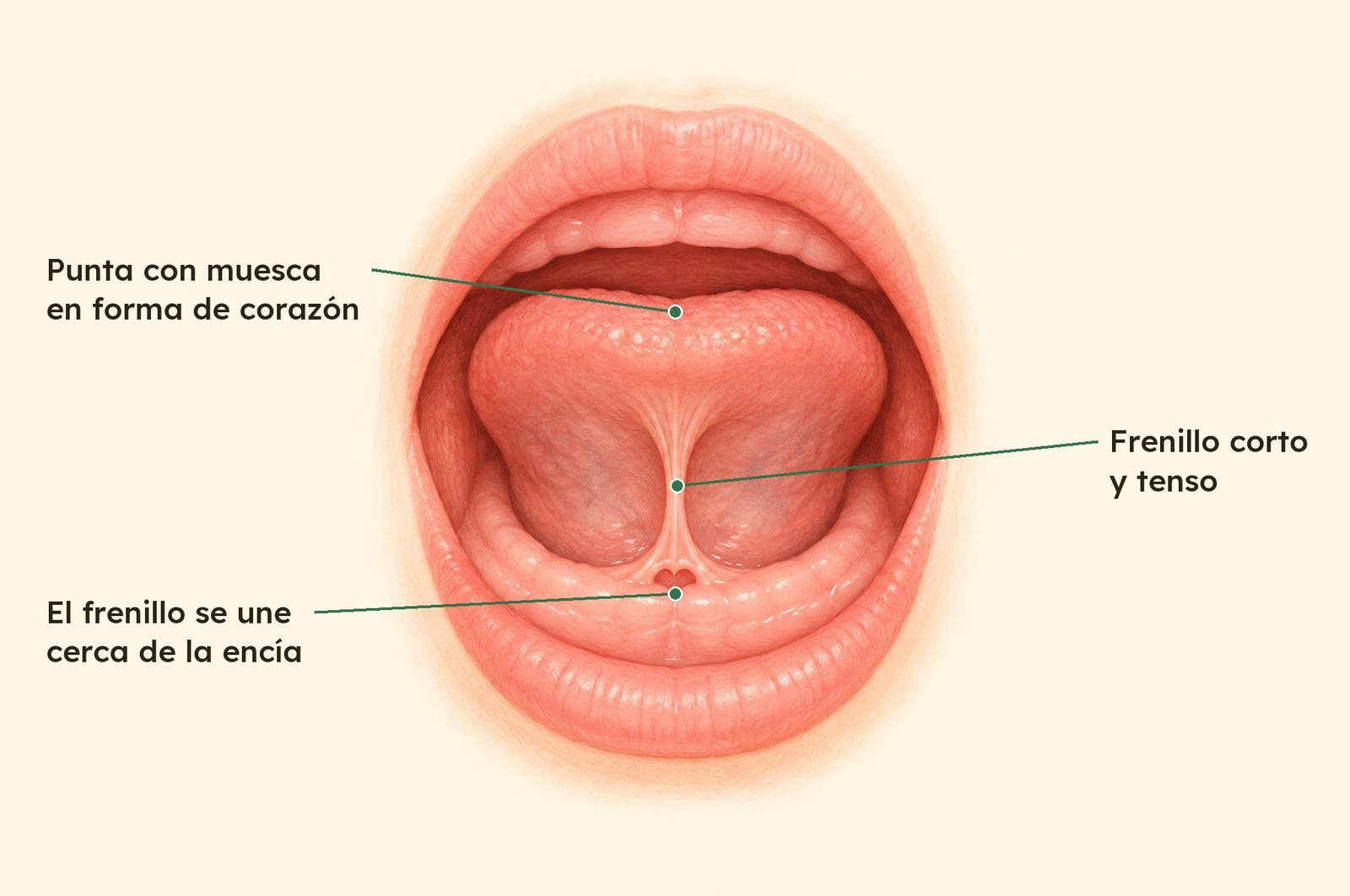 Ilustración de un frenillo lingual corto: la lengua levantada muestra un frenillo corto y tenso, una punta con muesca en forma de corazón y el frenillo unido cerca de la encía inferior
