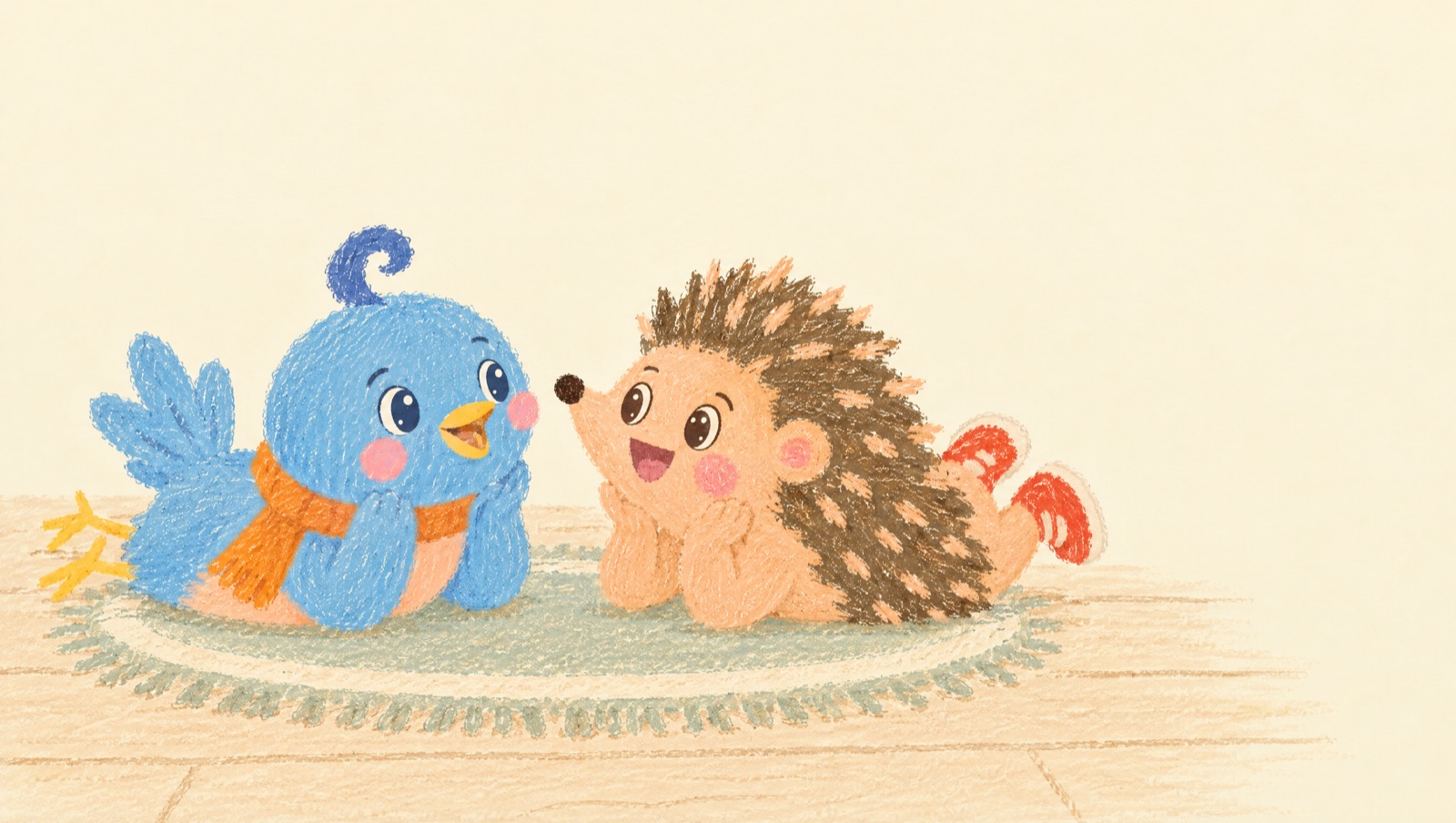 Illustration of Pip the bluebird and Rolo the hedgehog lying on their tummies face to face on a rug, chins up and smiling at each other
