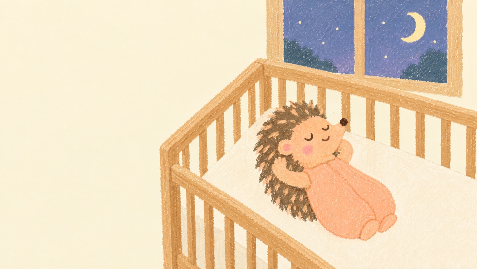 Illustration of Rolo the hedgehog asleep on his back in a sleep sack in an empty crib with a firm flat mattress, a crescent moon in the window