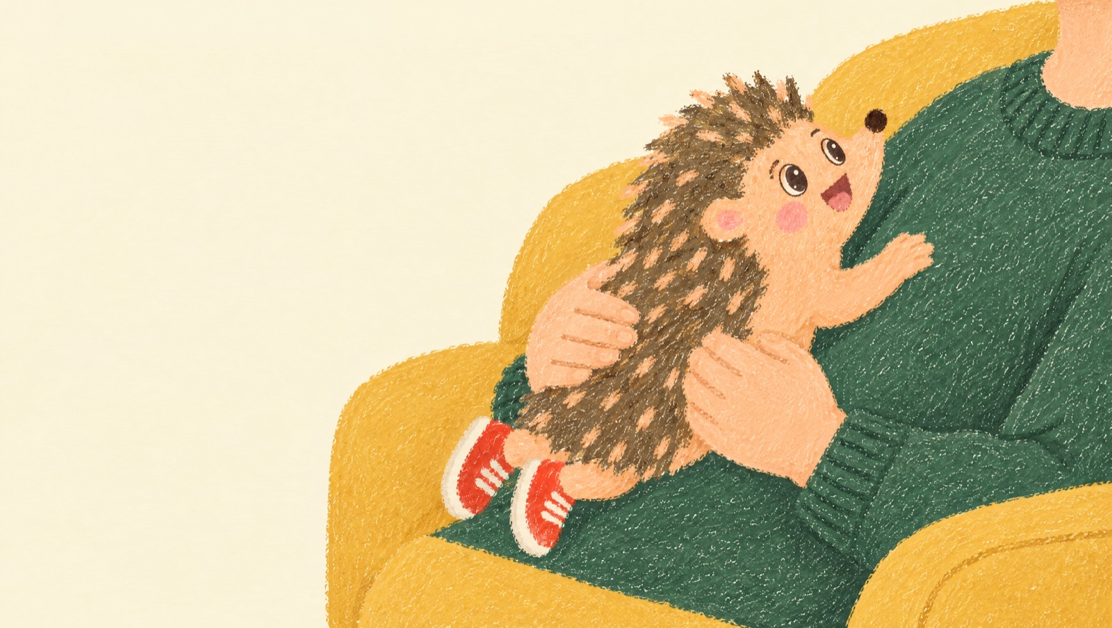 Illustration of Rolo the hedgehog lying tummy-down on a grown-up's chest on a yellow couch, lifting his head and smiling up at them