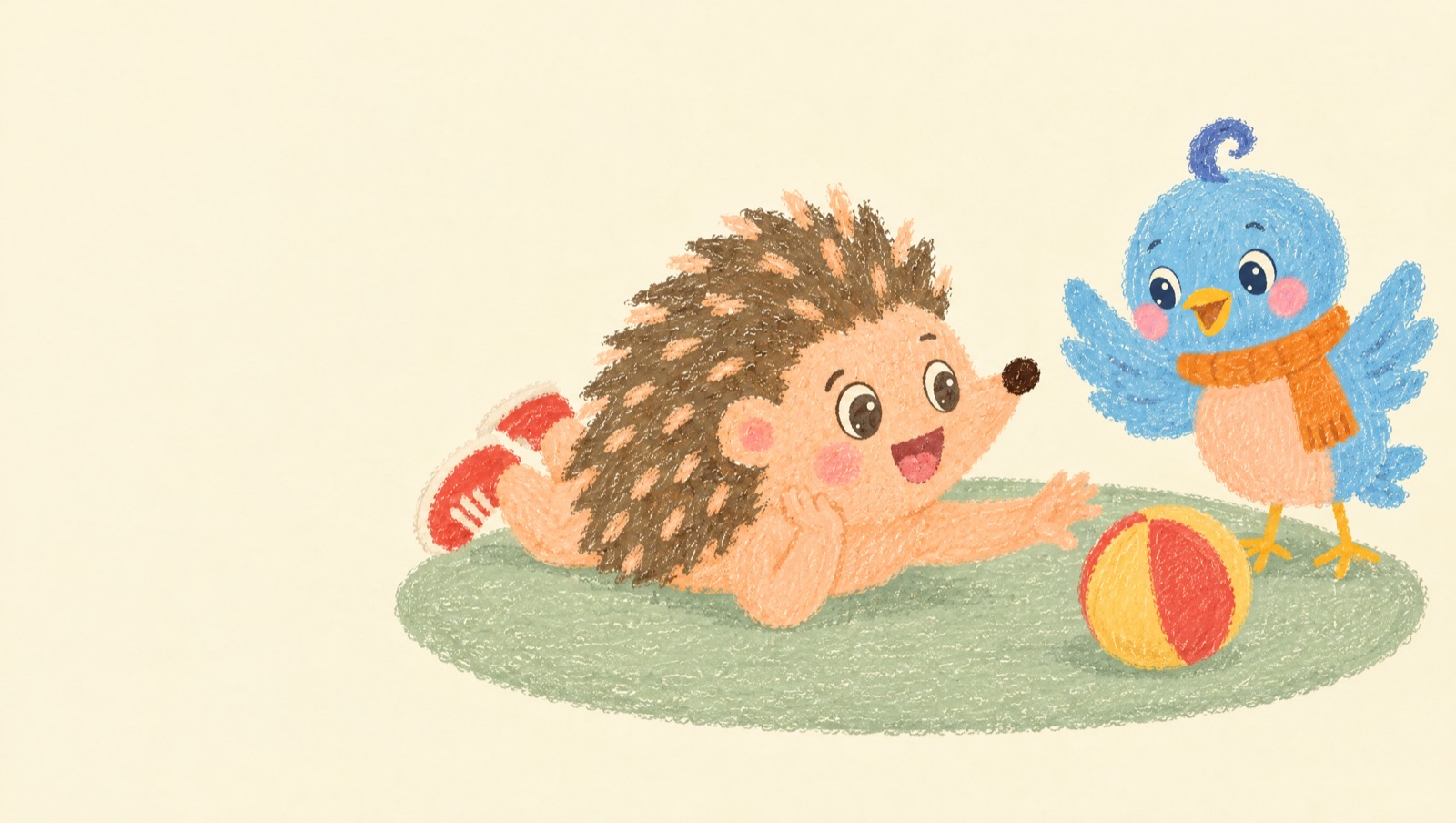 Illustration of Rolo the hedgehog lying on his tummy on a green play mat, reaching for a red and yellow ball while Pip the bluebird cheers him on