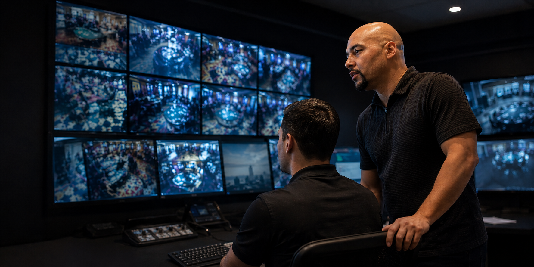 Surveillance team monitoring casino floor