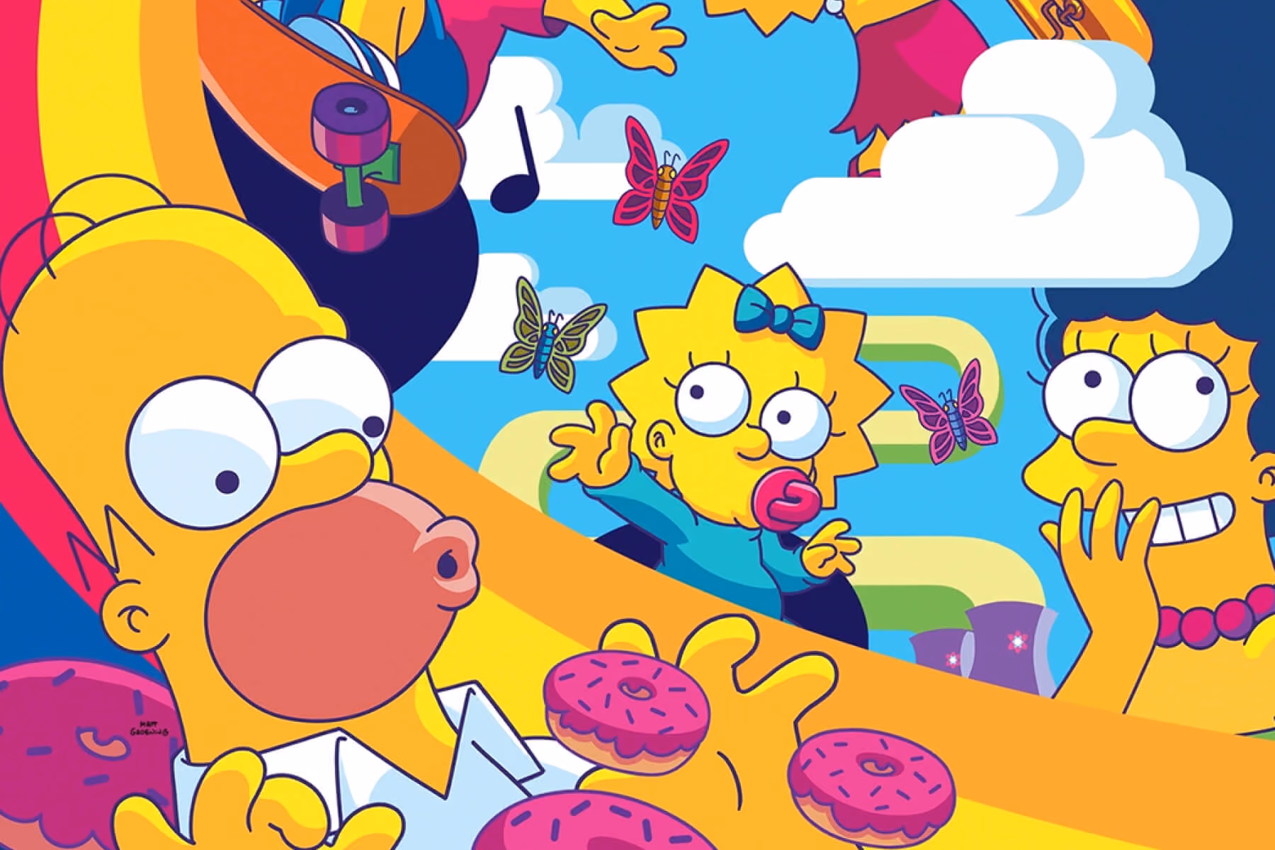 The Simpsons family in colorful illustrated key art