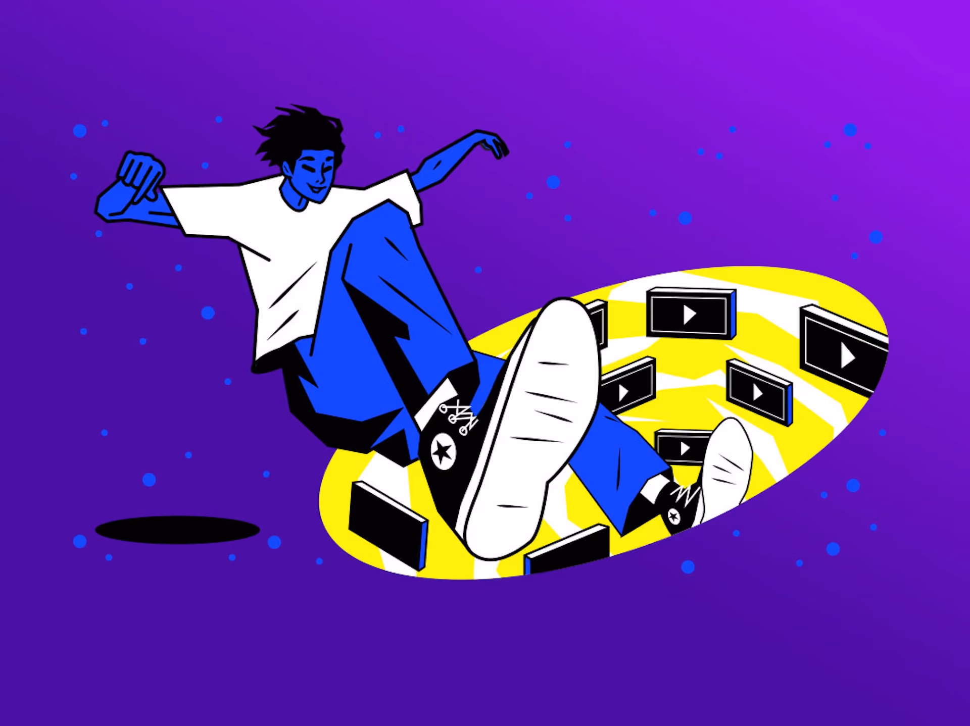 Illustrated skater leaping over a portal of video screens