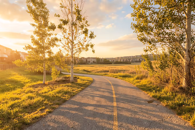 Tree-lined walking trail through Sage Hill connecting Sage Hill Garden to nearby parks