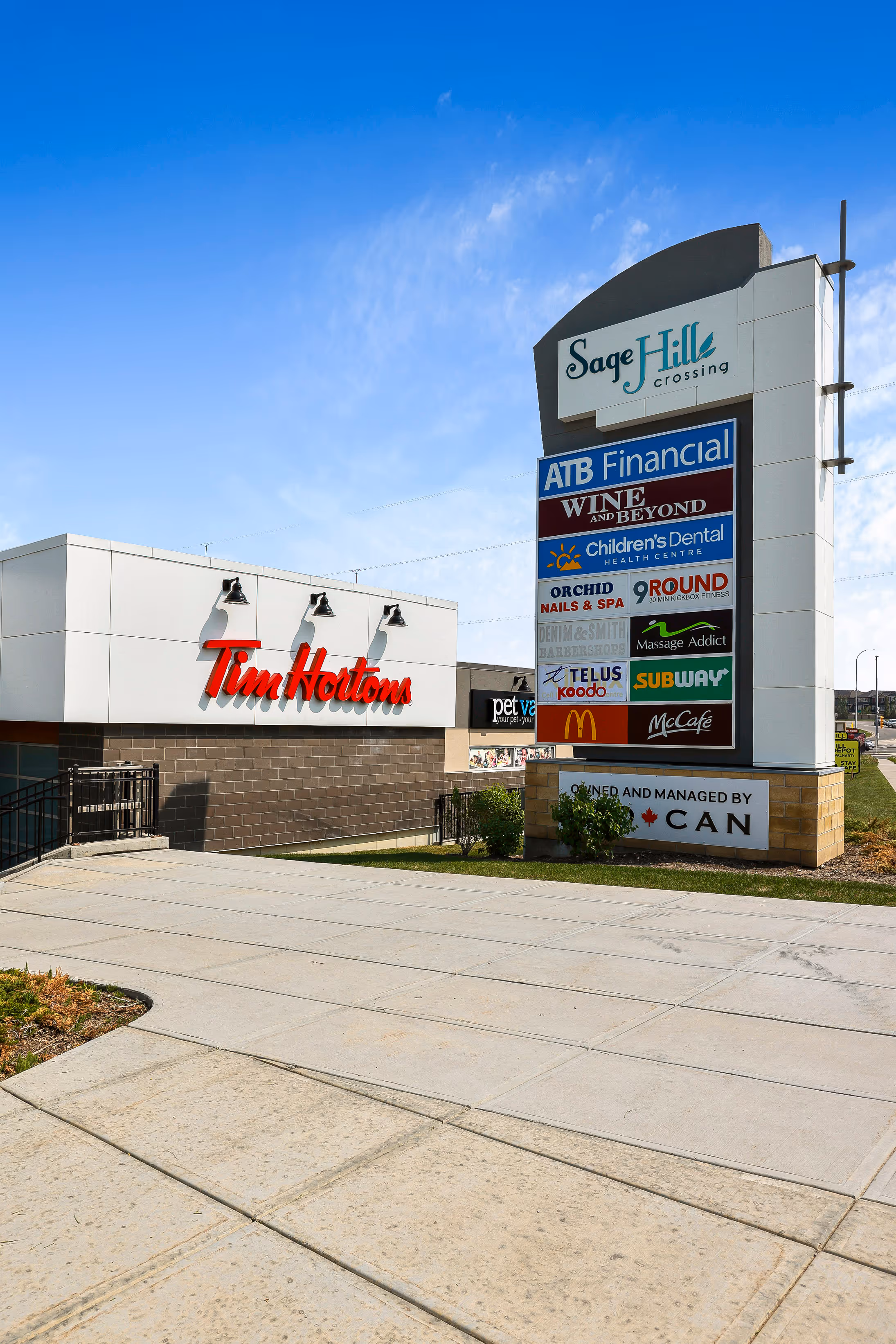 Tim Hortons and Sage Hill Crossing shopping centre near Sage Hill Garden townhomes in NW Calgary