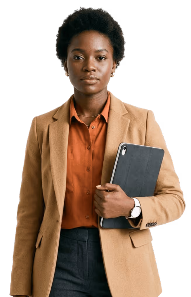 Confident woman wearing a camel blazer and rust-colored shirt holding a tablet.