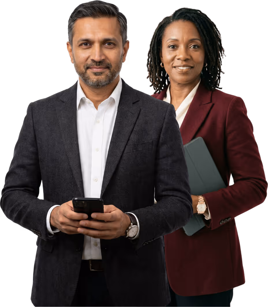 Two professionals standing next to each other with tech equipments in their hands