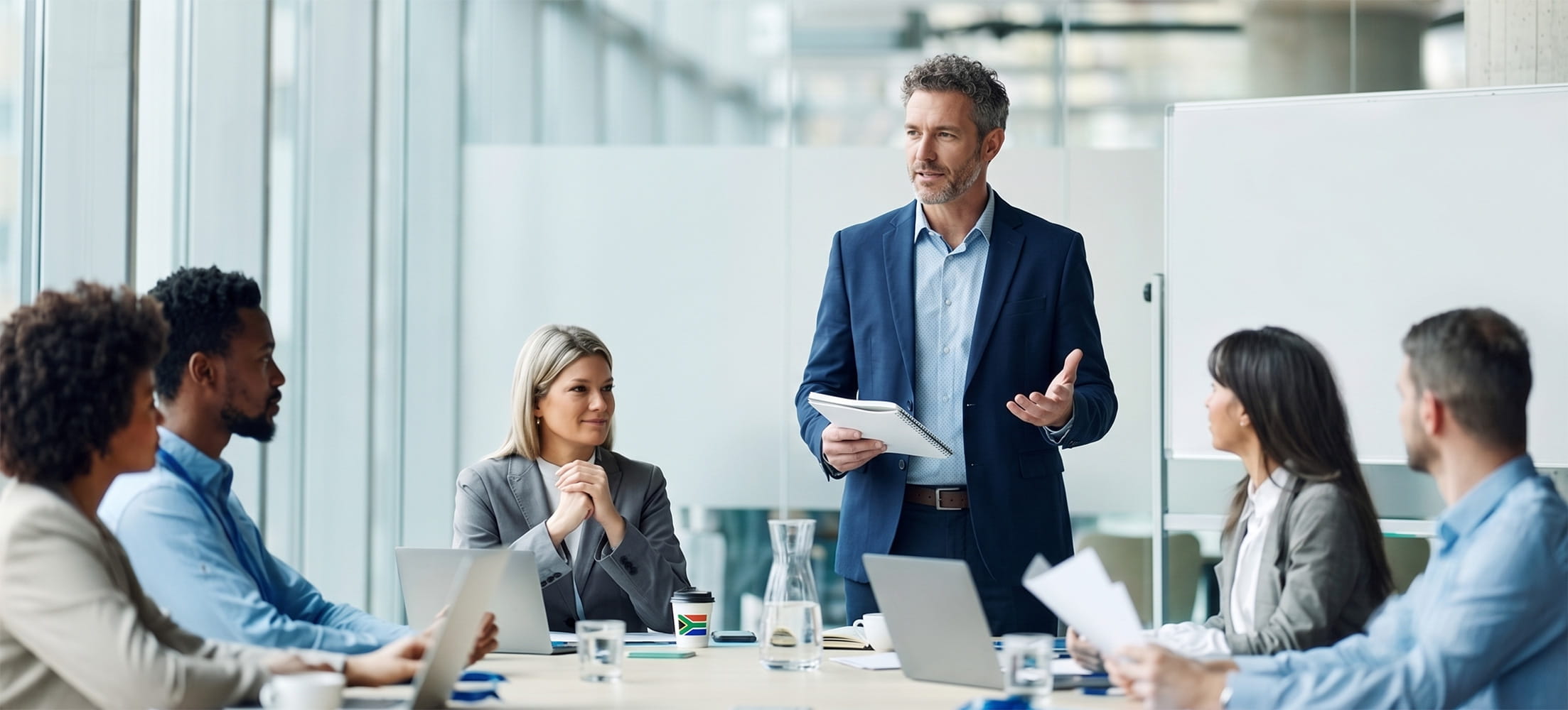 A professional team around a boardroom table discussing plans for growth