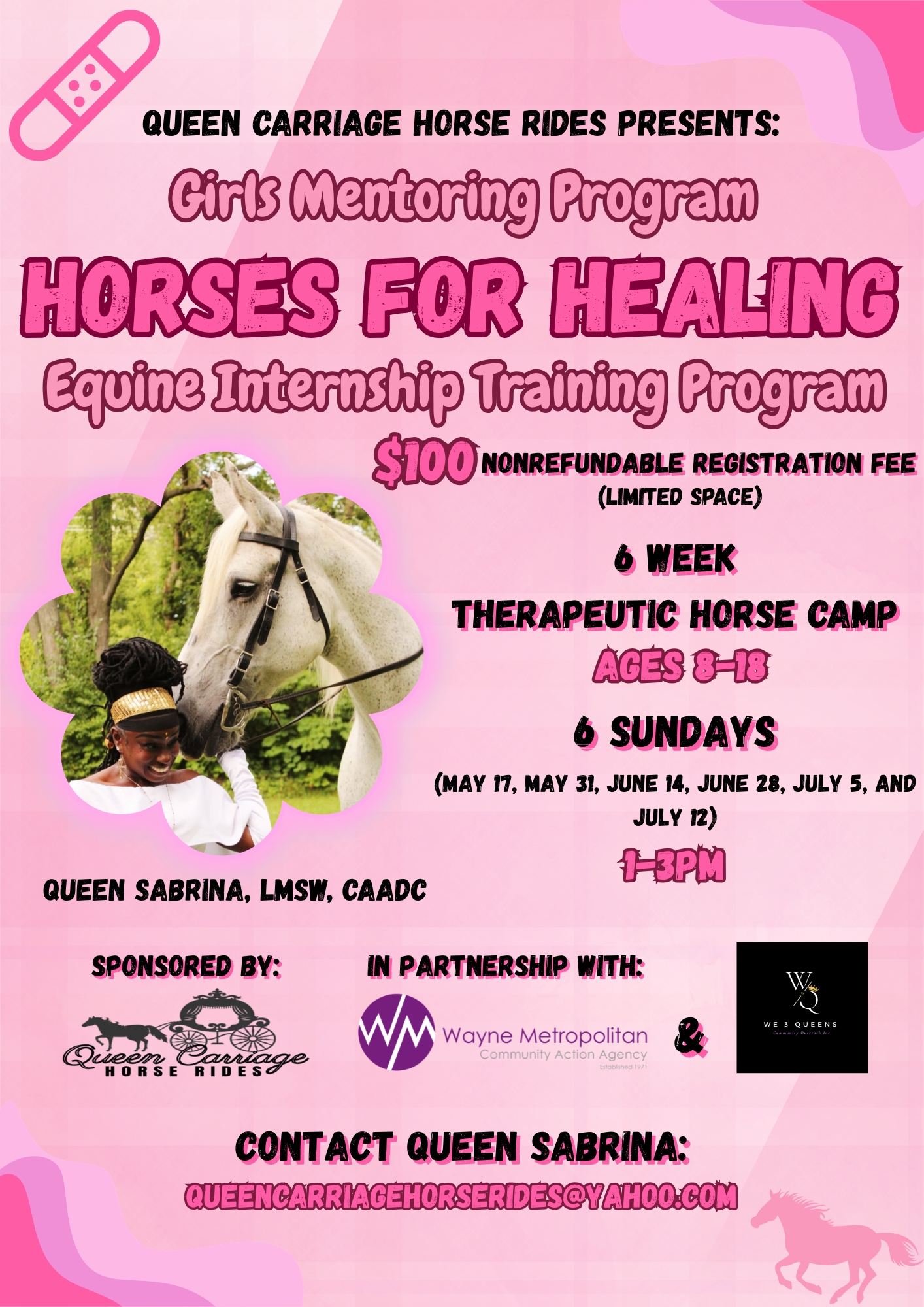A flyer overflowing in pink, providing details on Horses for Healing 2026: the camp dates, time, and registration.
