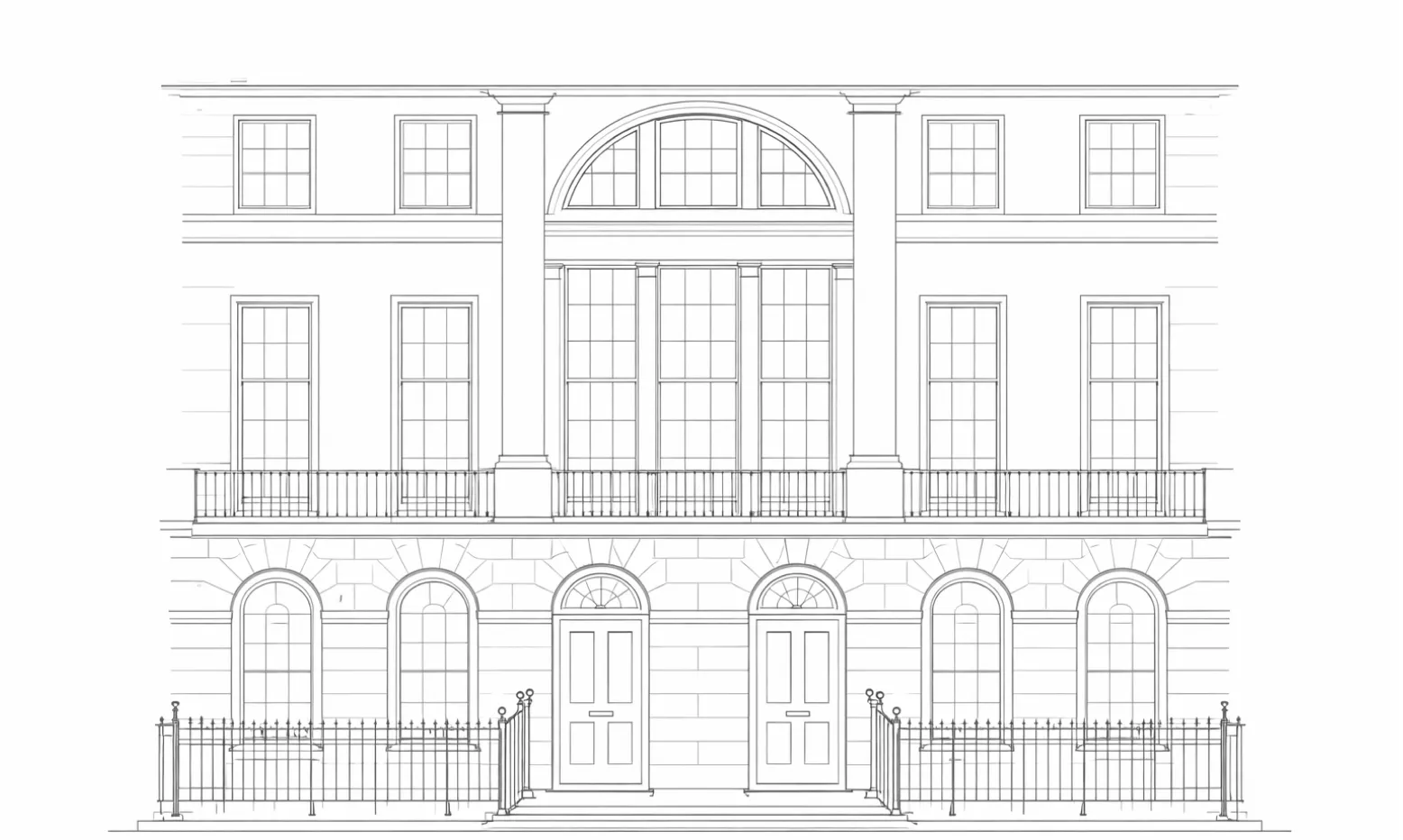 Black and white architectural line drawing of a classical building facade with two front doors, multiple large windows, balcony with railing, and decorative stonework.