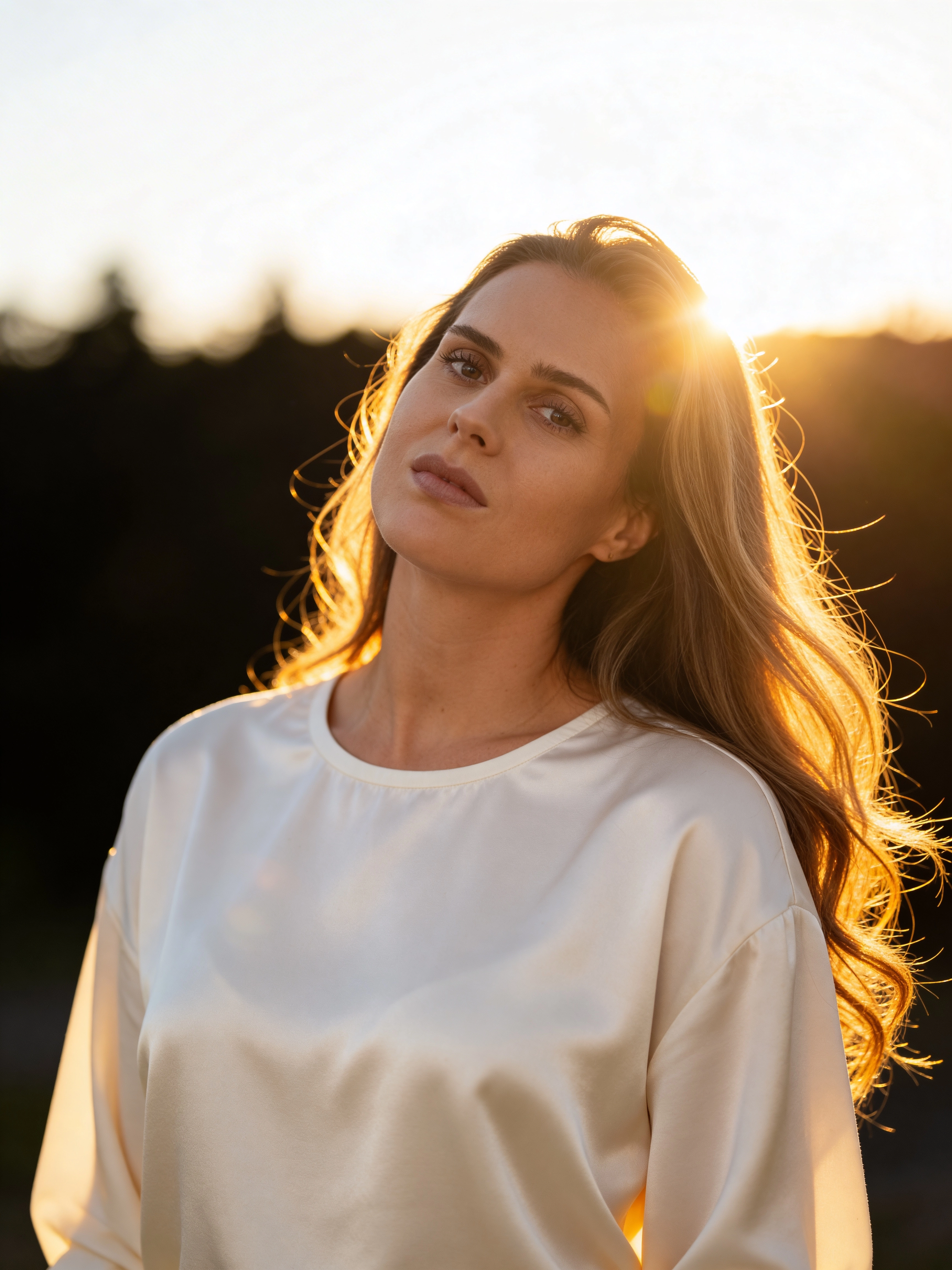 Fotorealistischer weiblicher Digitaler Zwilling im Sonnenlicht mit wehendem Haar, Porträt im Freien, Trickhouse KI Model Agentur