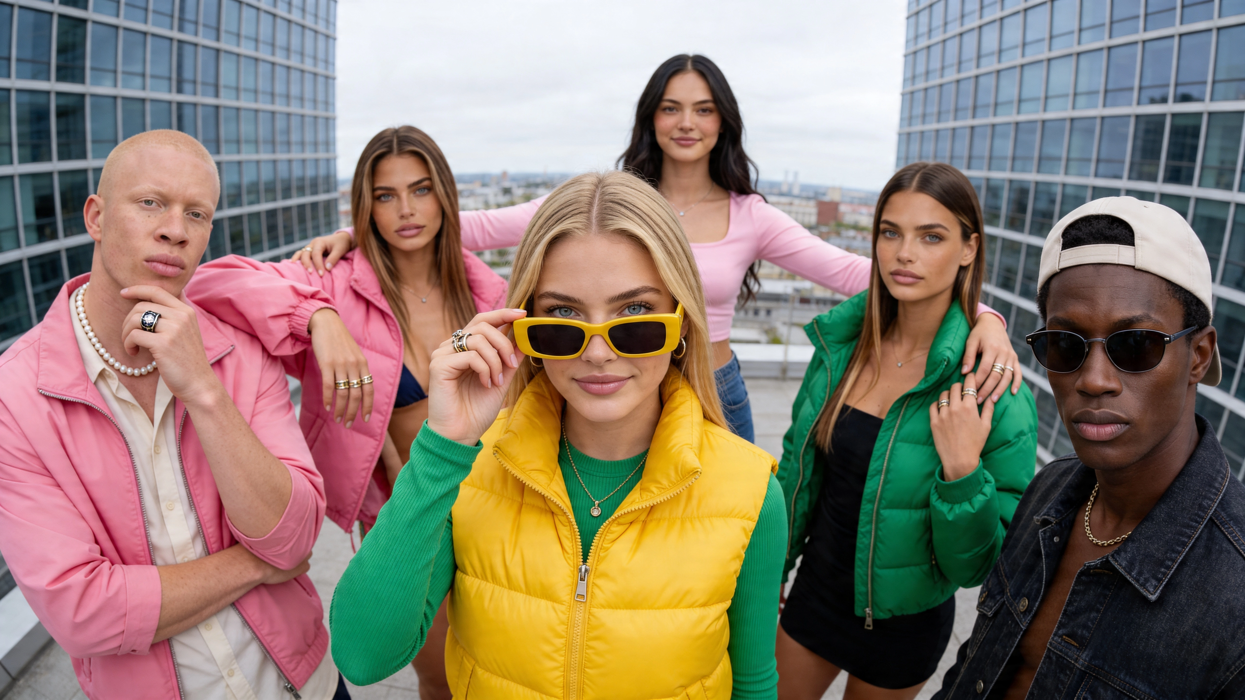 Fotorealistische weibliche und männliche KI-Models in bunter Streetwear auf Dachterrasse, urbaner Lifestyle, Trickhouse KI-Model-Agentur