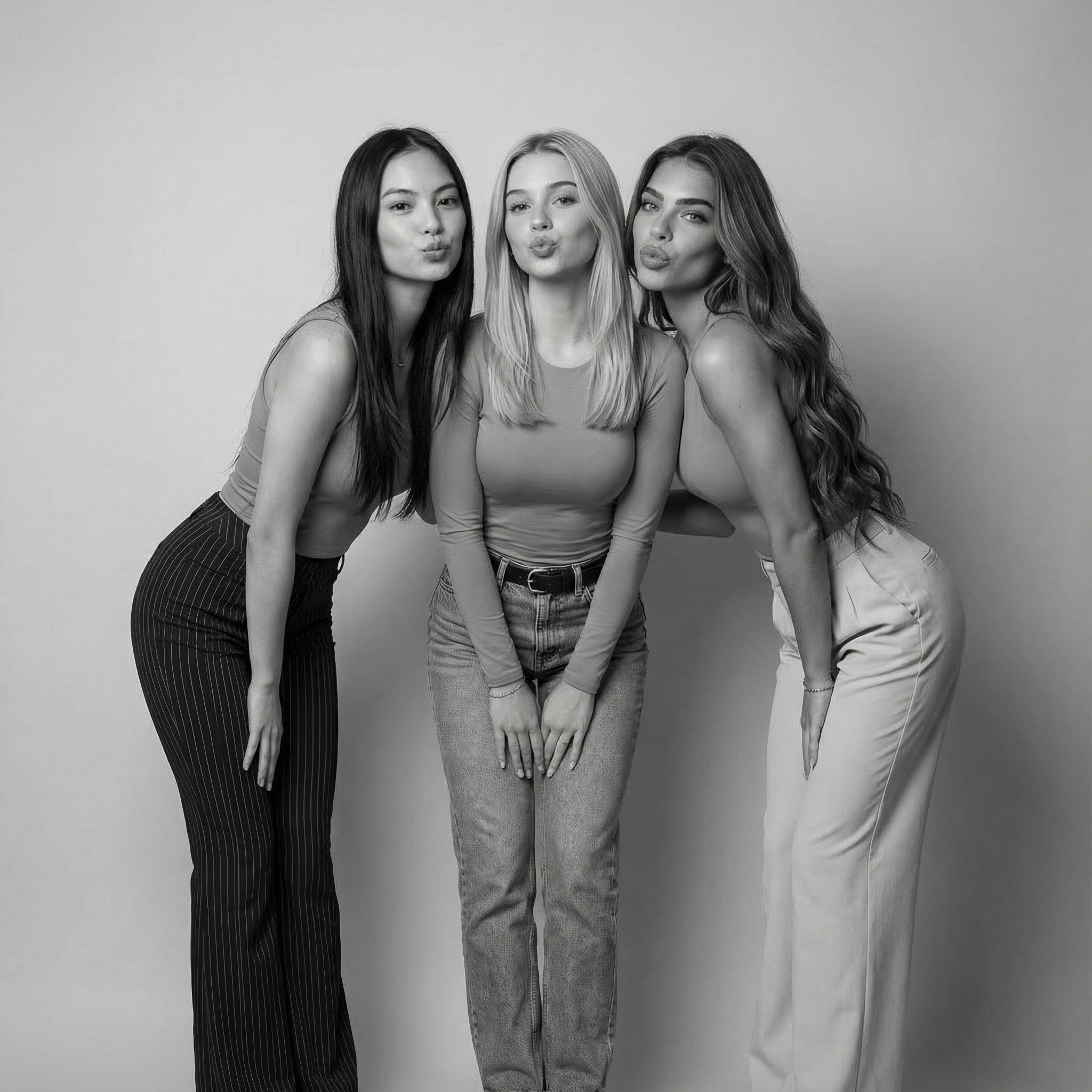 Fotorealistische weibliche KI-Models posieren im Studio und machen Kussmund, schwarzweiß Porträt, Trickhouse KI-Model-Agentur