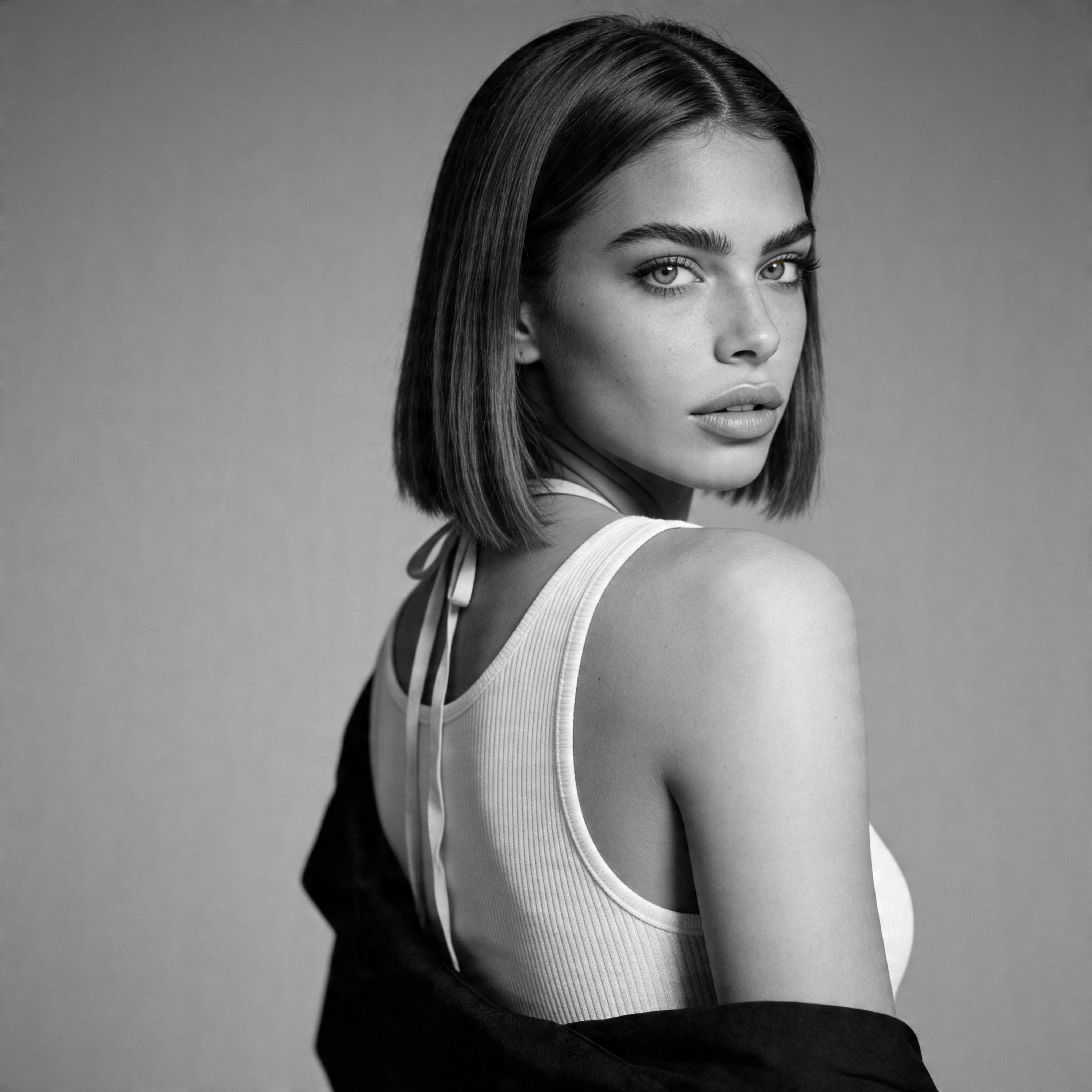 Fotorealistisches weibliches KI-Model im schwarzweiß Porträt mit schulterfreiem Look, Studioaufnahme, Trickhouse KI-Model-Agentur
