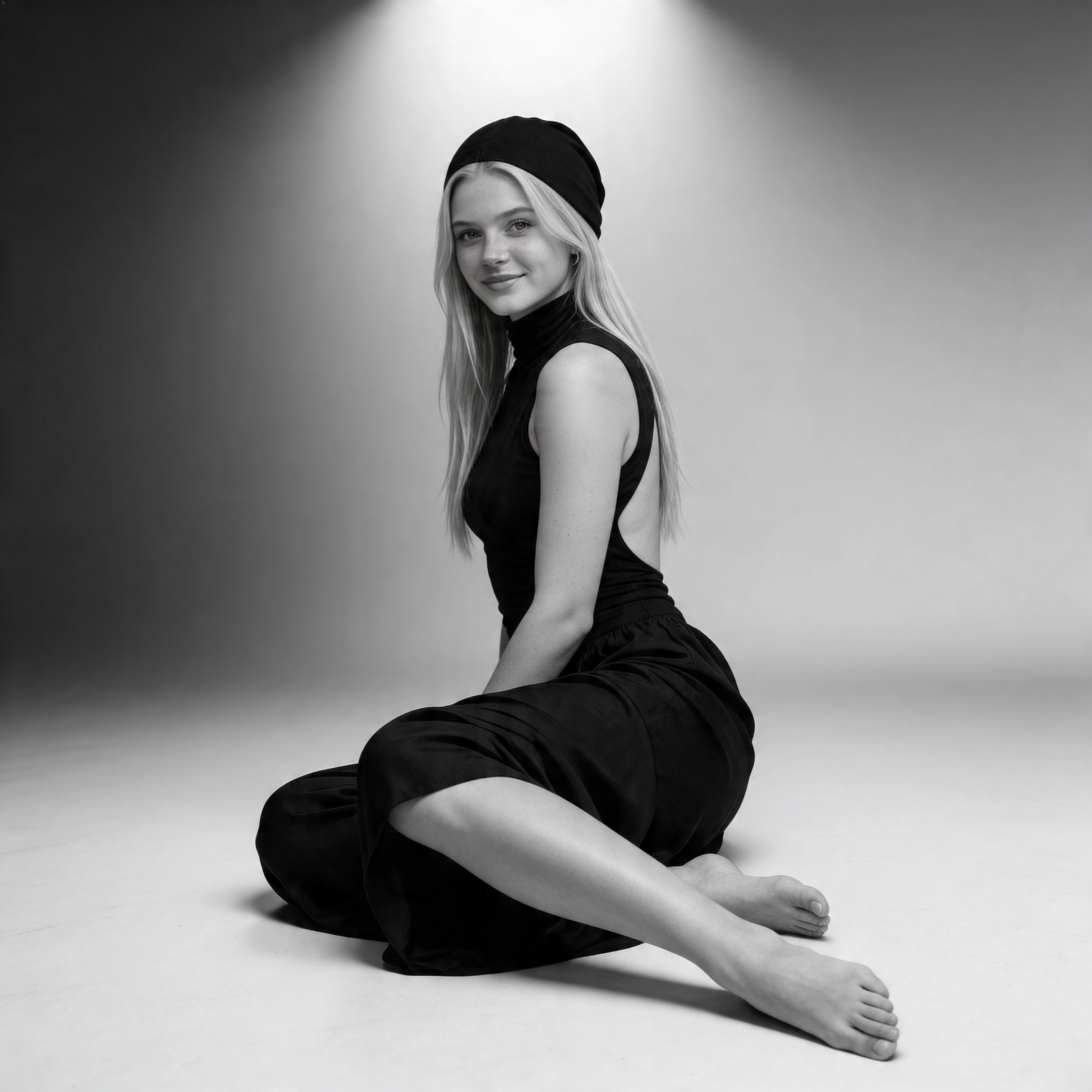 Fotorealistisches weibliches KI-Model im schwarzweiß Look sitzt im Studio, minimalistisches Fashion Porträt, Trickhouse KI-Model-Agentur