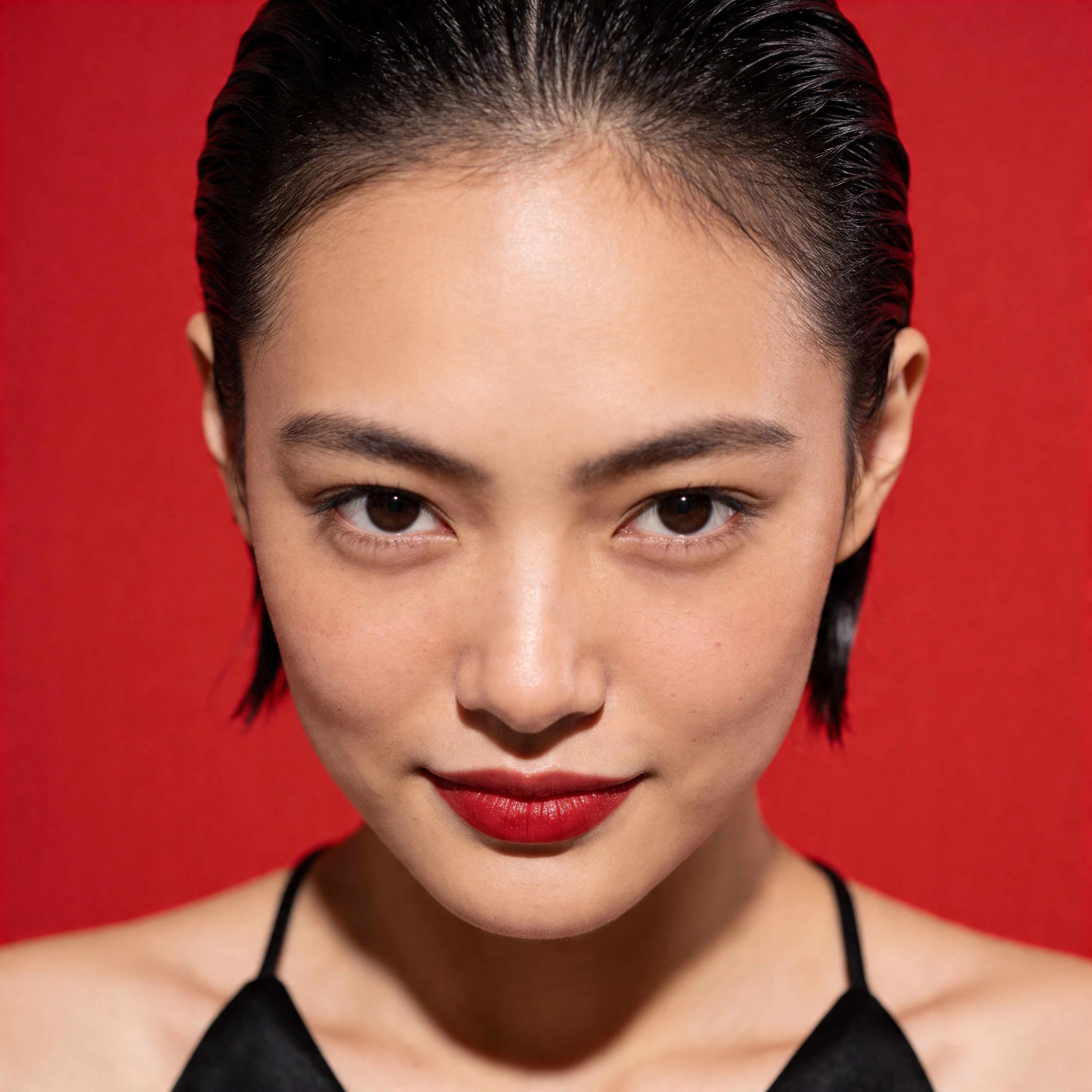 Fotorealistisches weibliches KI-Model mit rotem Hintergrund und Make-up Look, Beauty Porträt, Trickhouse KI-Model-Agentur
