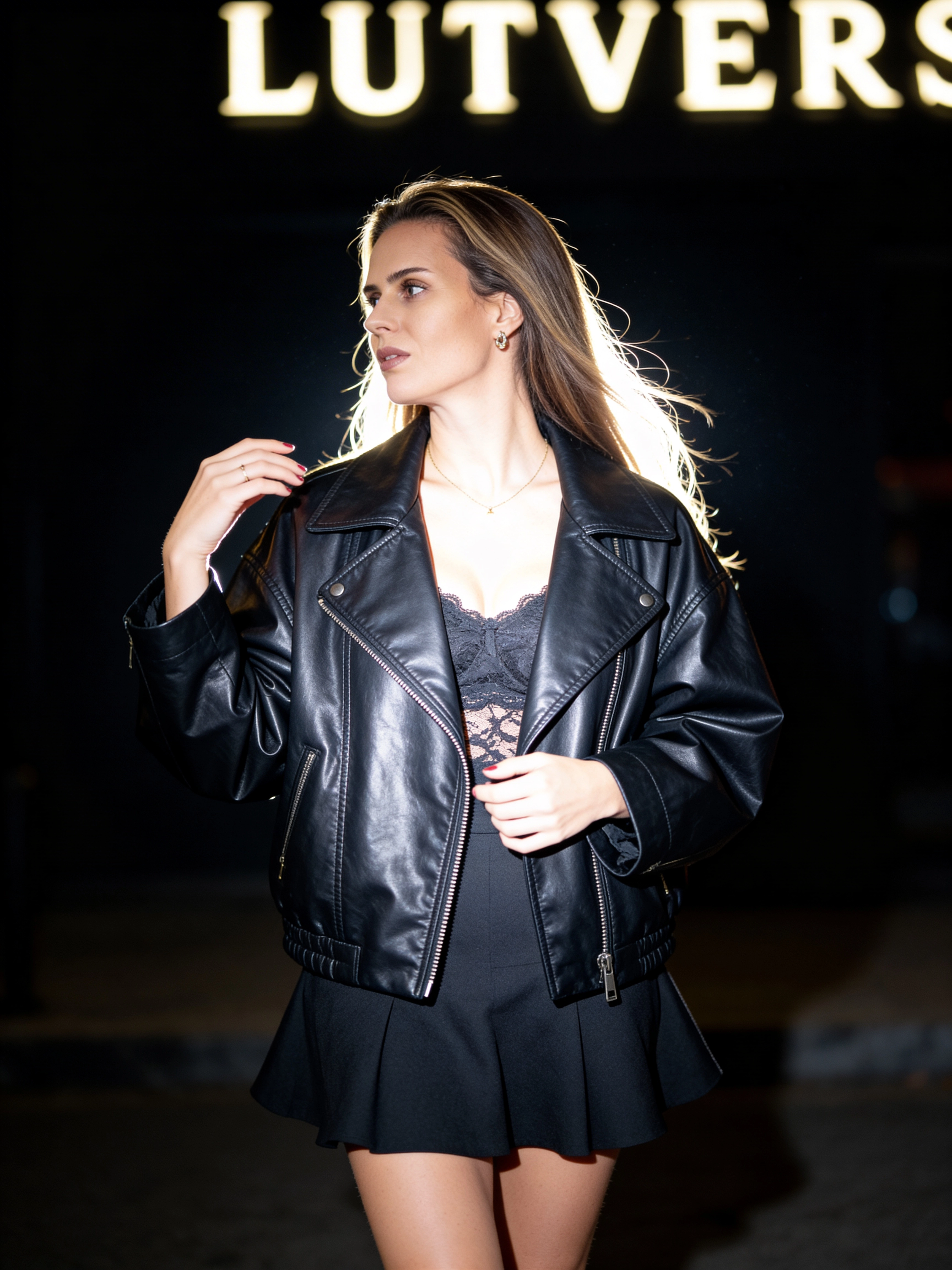 Fotorealistischer weiblicher Digitaler Zwilling in Lederjacke bei Event mit Schriftzug im Hintergrund, Lifestyle Porträt, Trickhouse KI-Model-Agentur