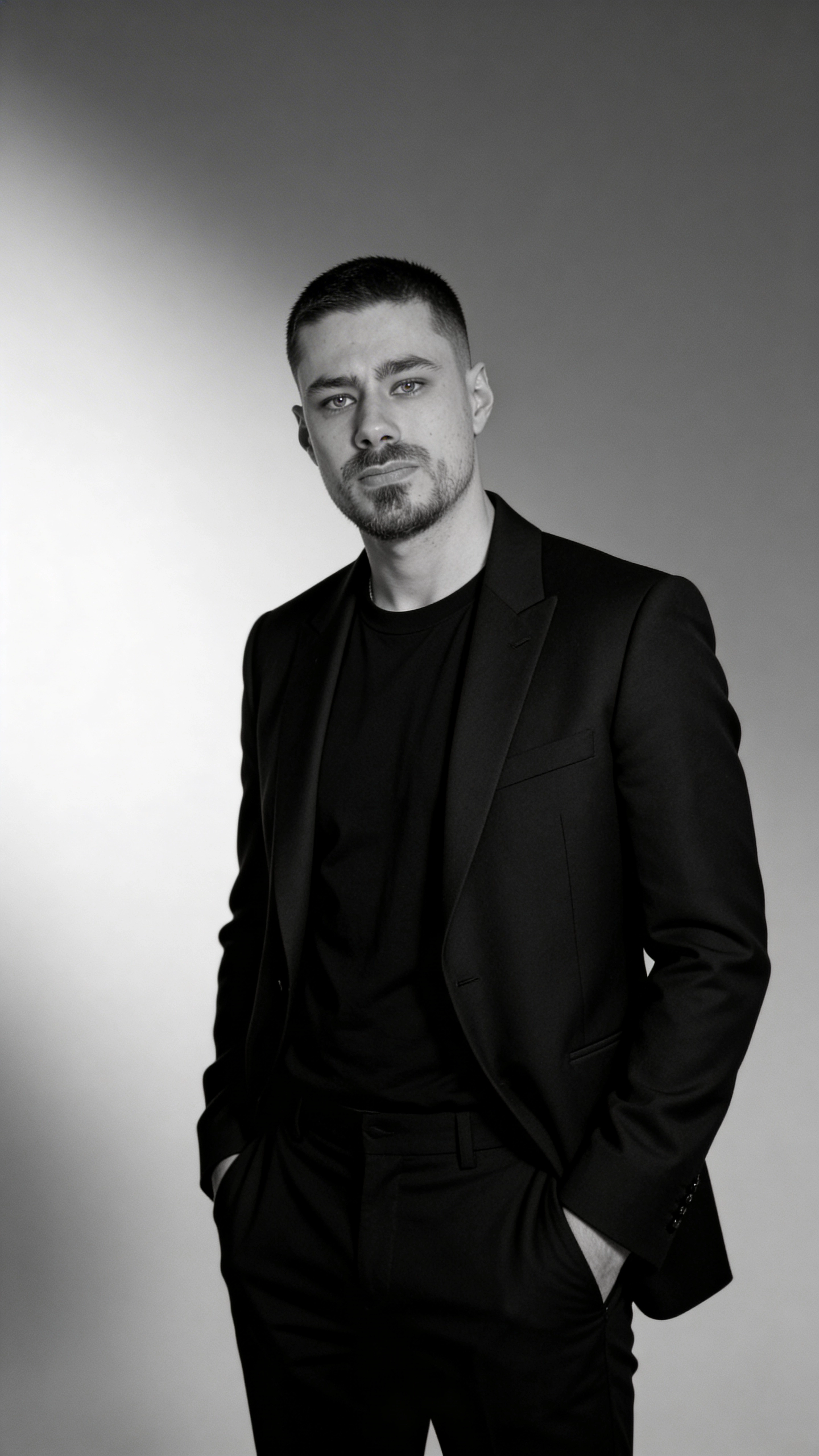 Fotorealistischer männlicher Digitaler Zwilling im schwarzweiß Look im Anzug, Business Porträt, Trickhouse KI-Model-Agentur