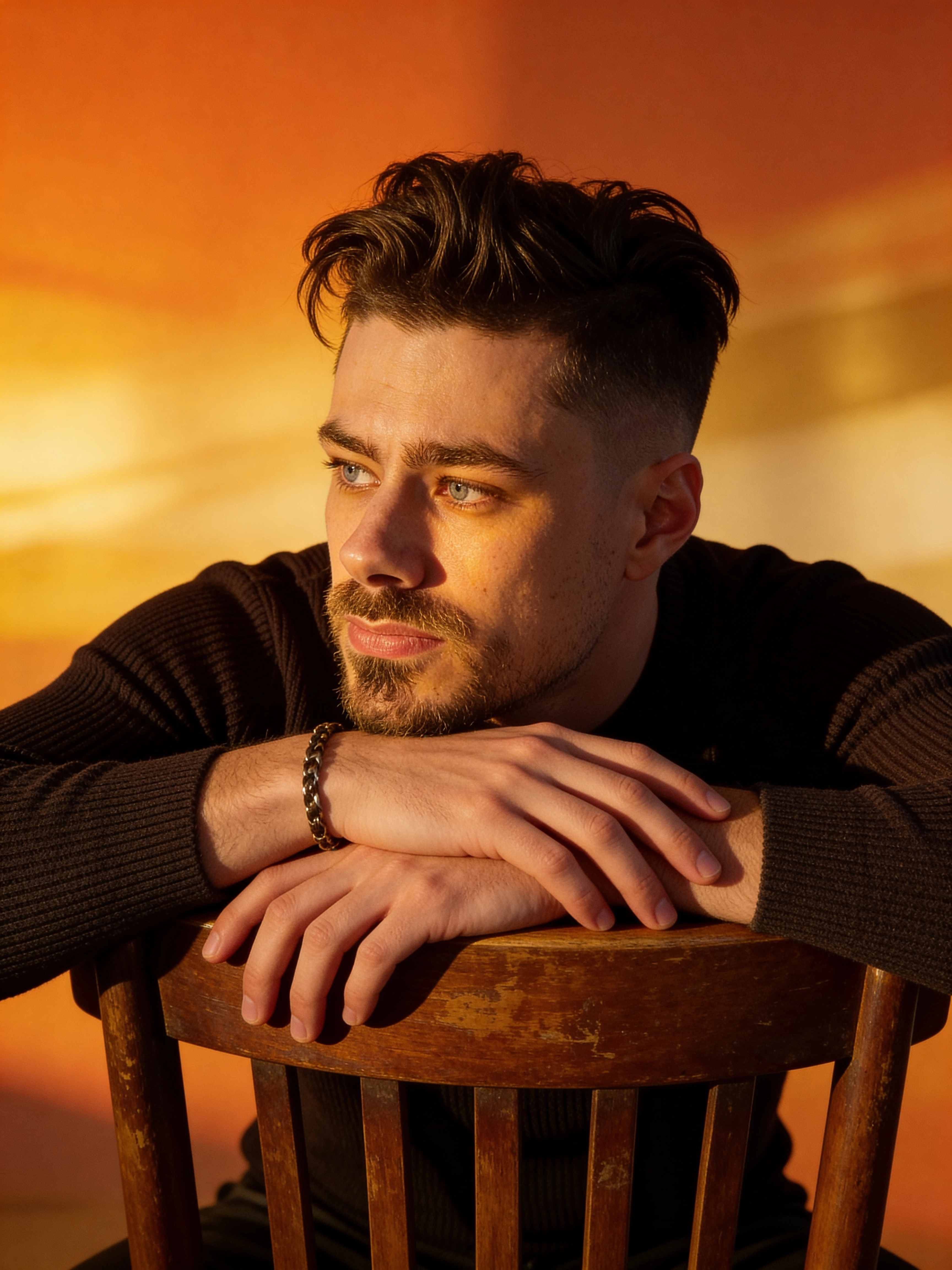 Fotorealistischer männlicher Digitaler Zwilling lehnt auf Stuhl im warmen Licht, Porträt im Studio, Trickhouse KI-Model-Agentur