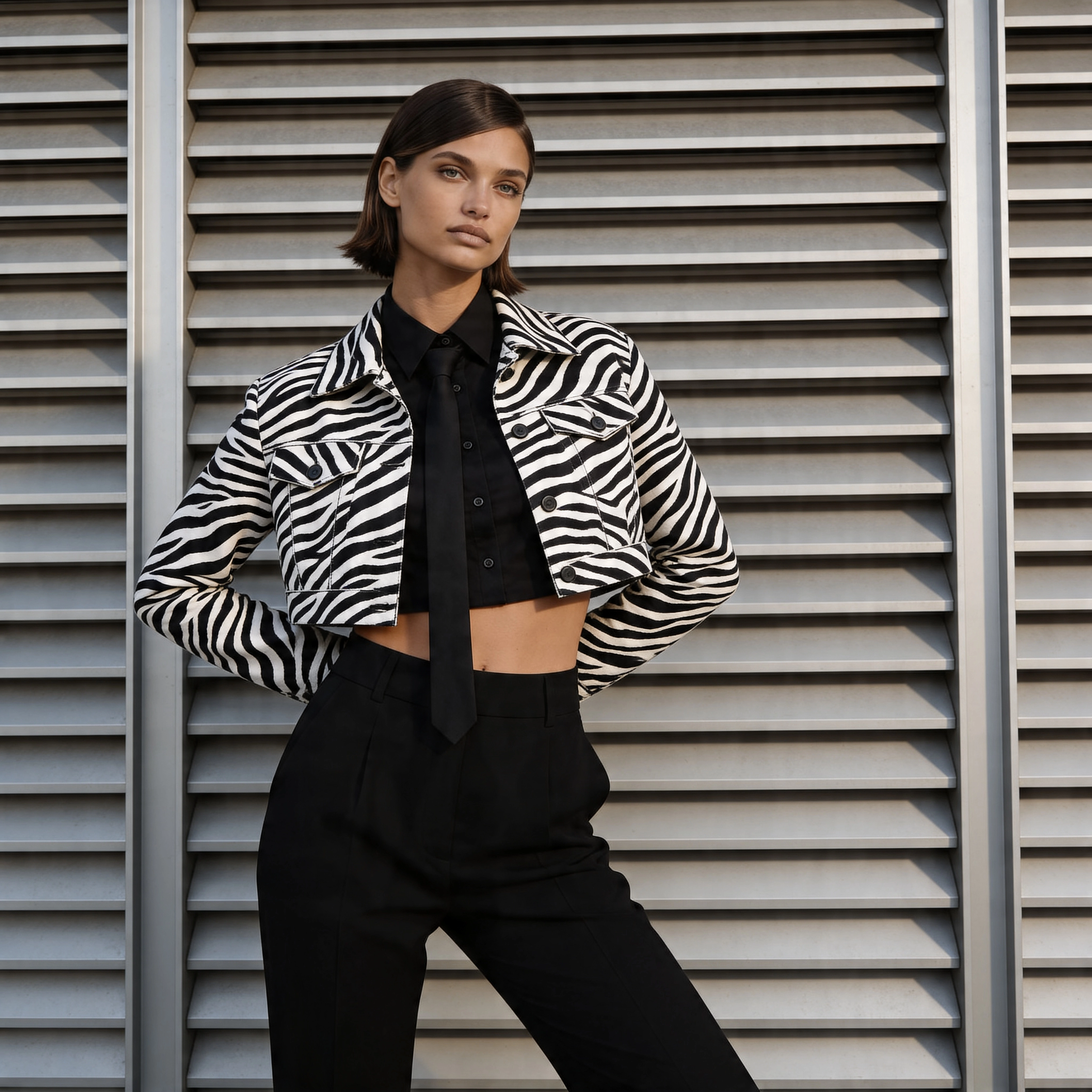 Fotorealistisches weibliches KI-Model in gemusterter Jacke vor Lamellenwand, urbanes Fashion Porträt, Trickhouse KI-Model-Agentur