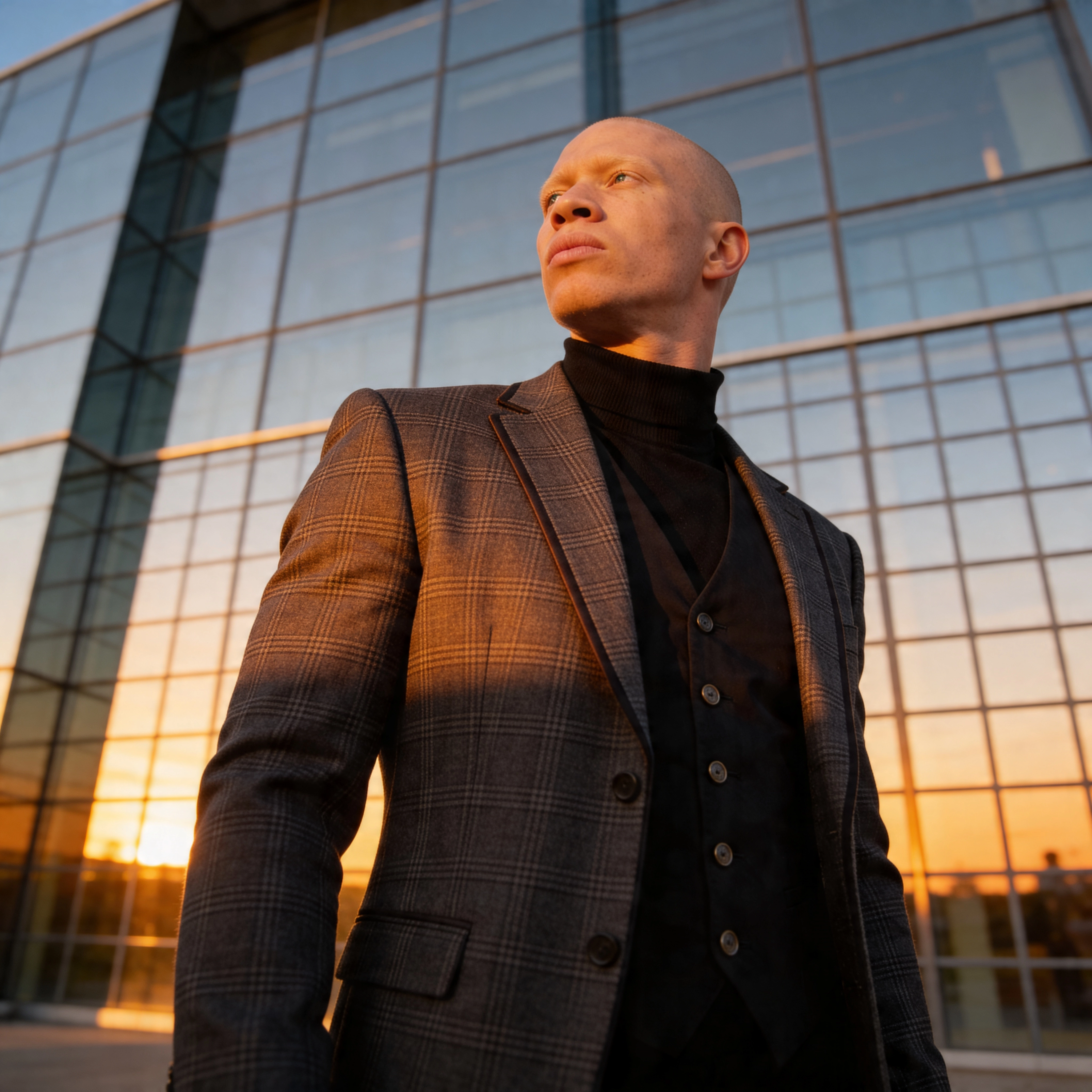 Fotorealistisches männliches KI-Model im Anzug vor Glasfassade bei Sonnenuntergang, Business Porträt, Trickhouse KI-Model-Agentur