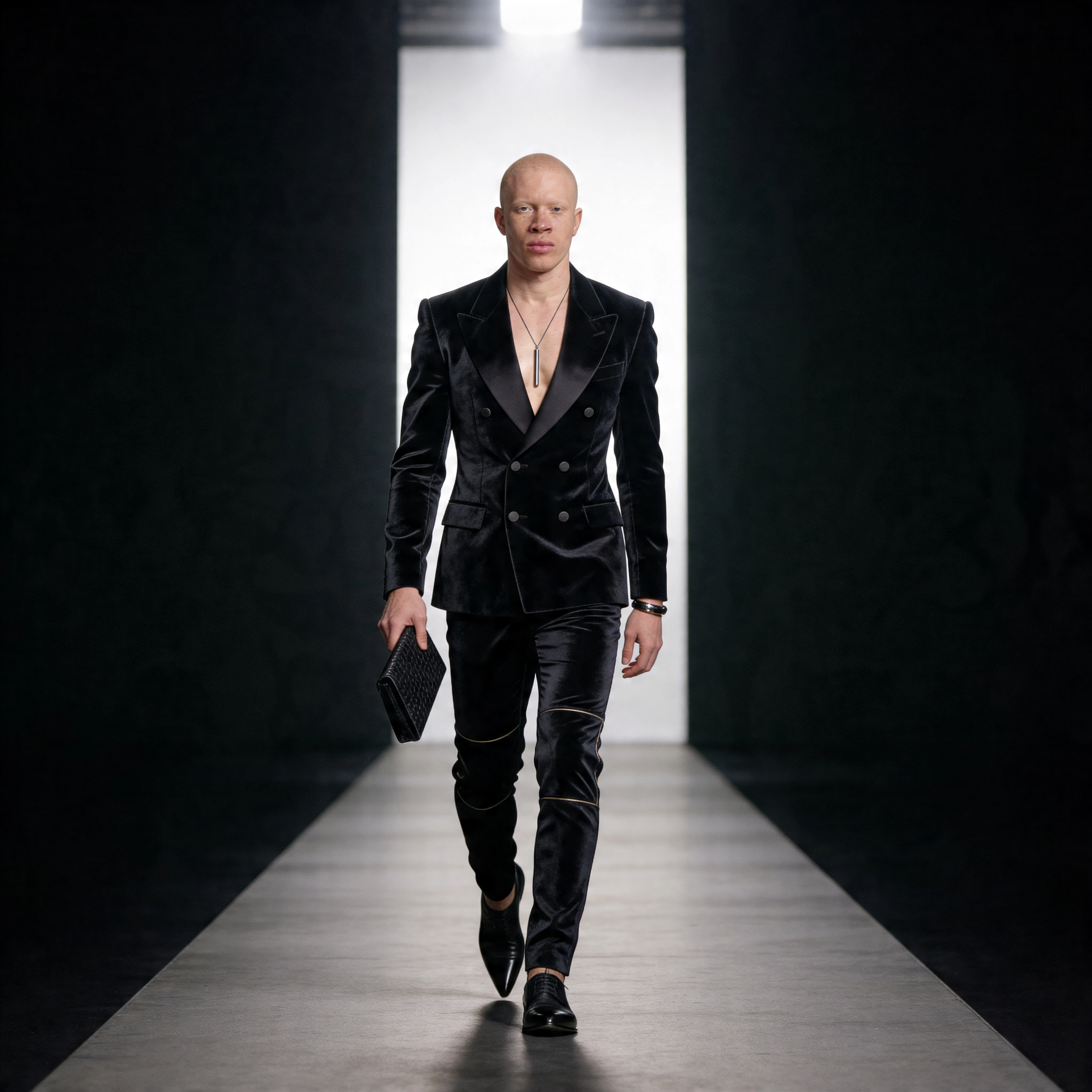 Fotorealistisches männliches KI-Model im schwarzen Anzug läuft auf Laufsteg, Fashion Show, Trickhouse KI-Model-Agentur