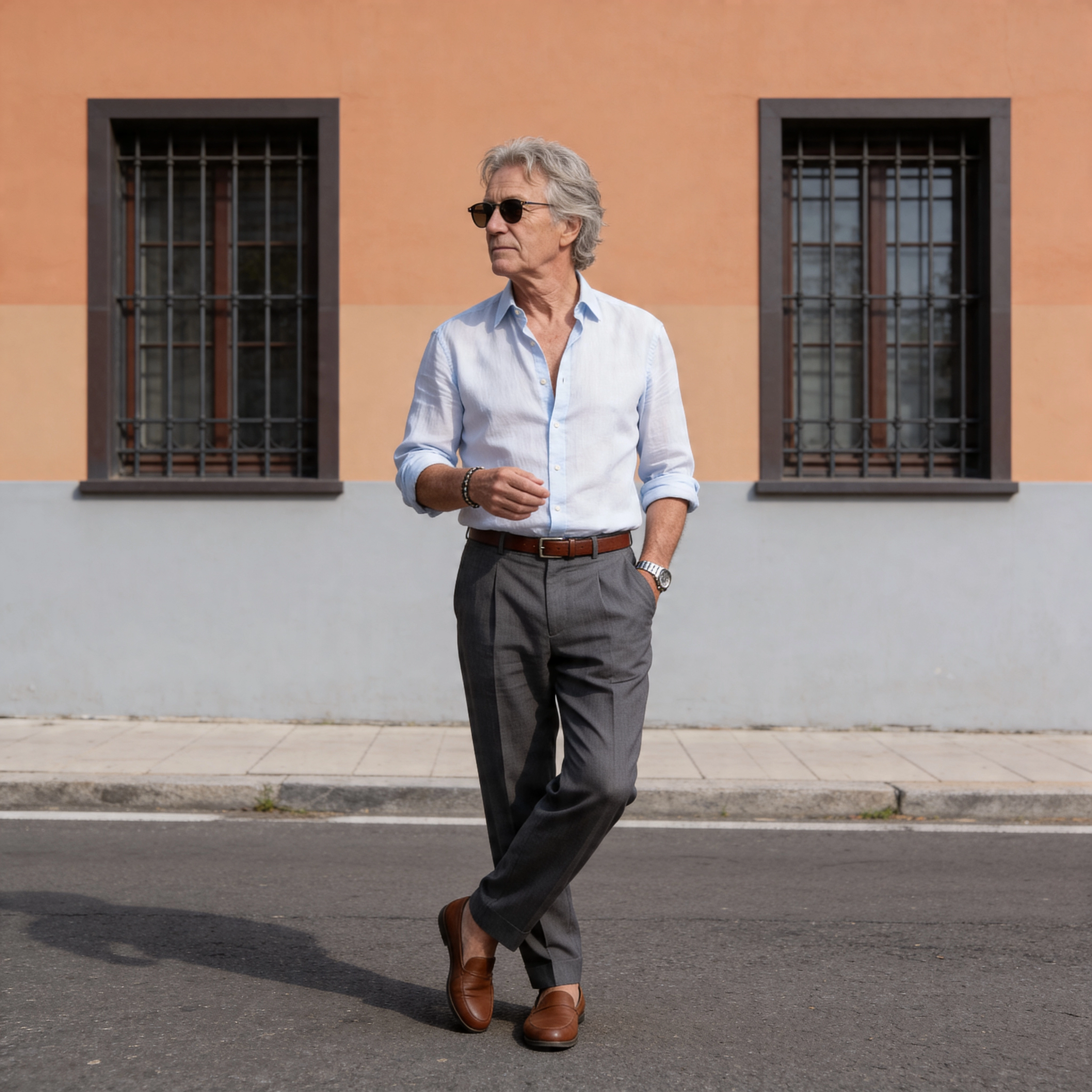 Fotorealistisches männliches KI-Model im Hemd läuft auf Straße vor Hausfassade, urbanes Lifestyle Porträt, Trickhouse KI-Model-Agentur