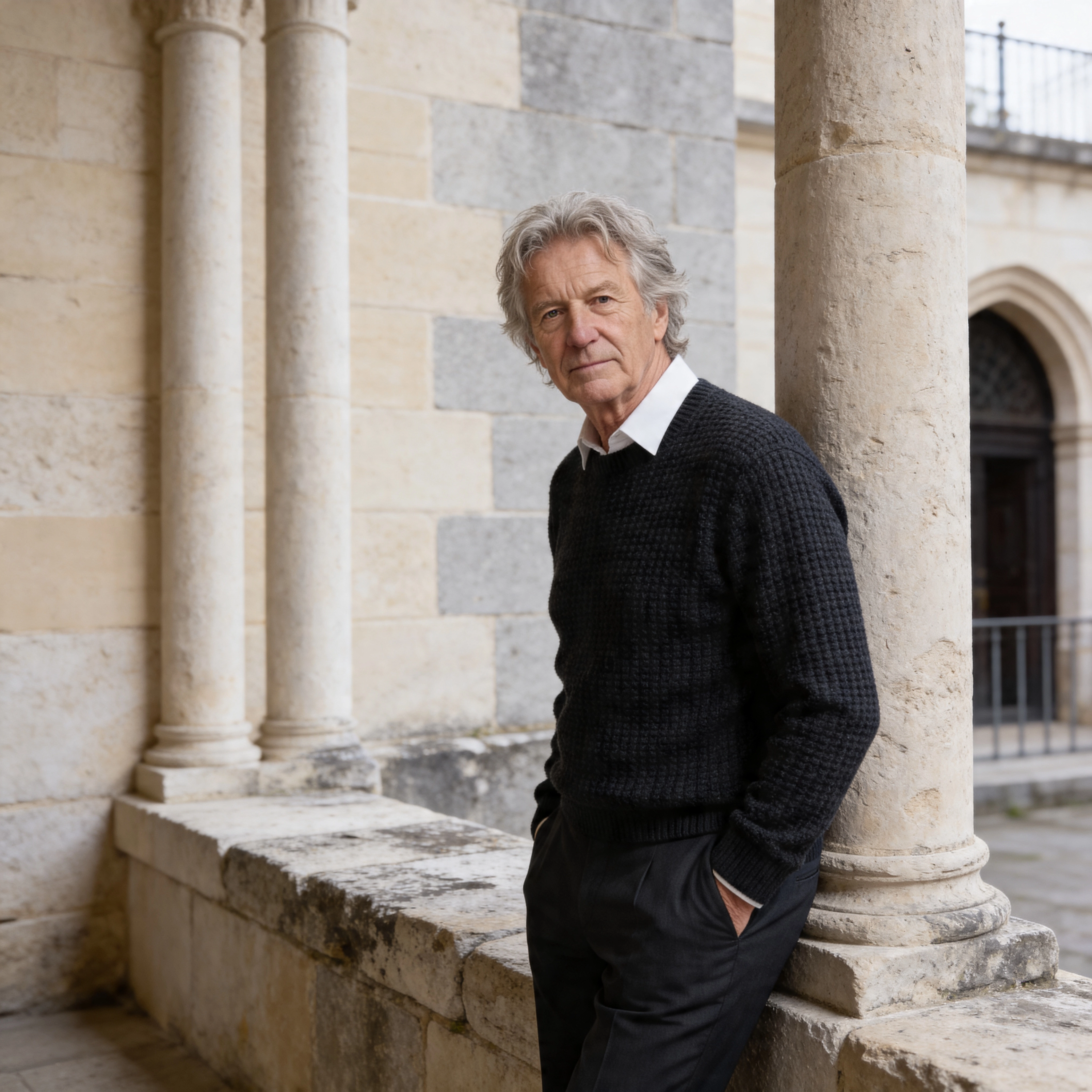 Fotorealistisches männliches KI-Model im Pullover lehnt an Säulen im historischen Gebäude, elegantes Porträt, Trickhouse KI-Model-Agentur