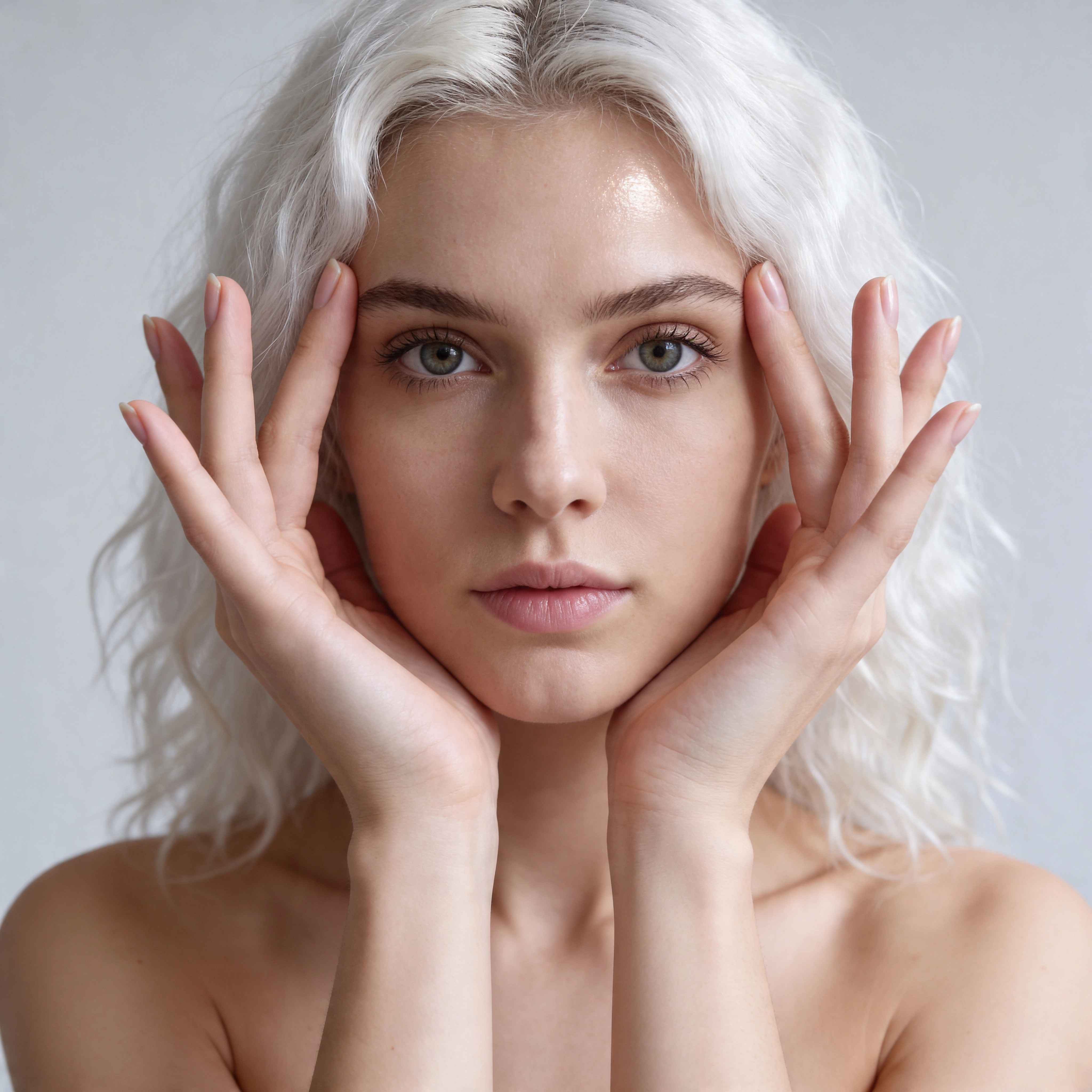 Fotorealistisches weibliches KI-Model mit hellem Haar und Händen am Gesicht, Beauty Porträt, Trickhouse KI-Model-Agentur