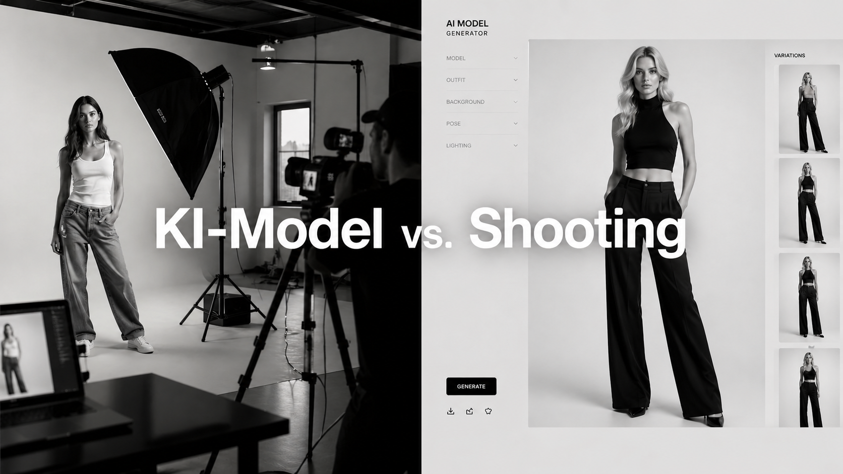 Fotorealistisches weibliches KI-Model im Vergleich zu klassischem Fotoshooting mit Studio-Setup und Generator-Interface, moderne Produktionsdarstellung, Trickhouse KI-Model-Agentur