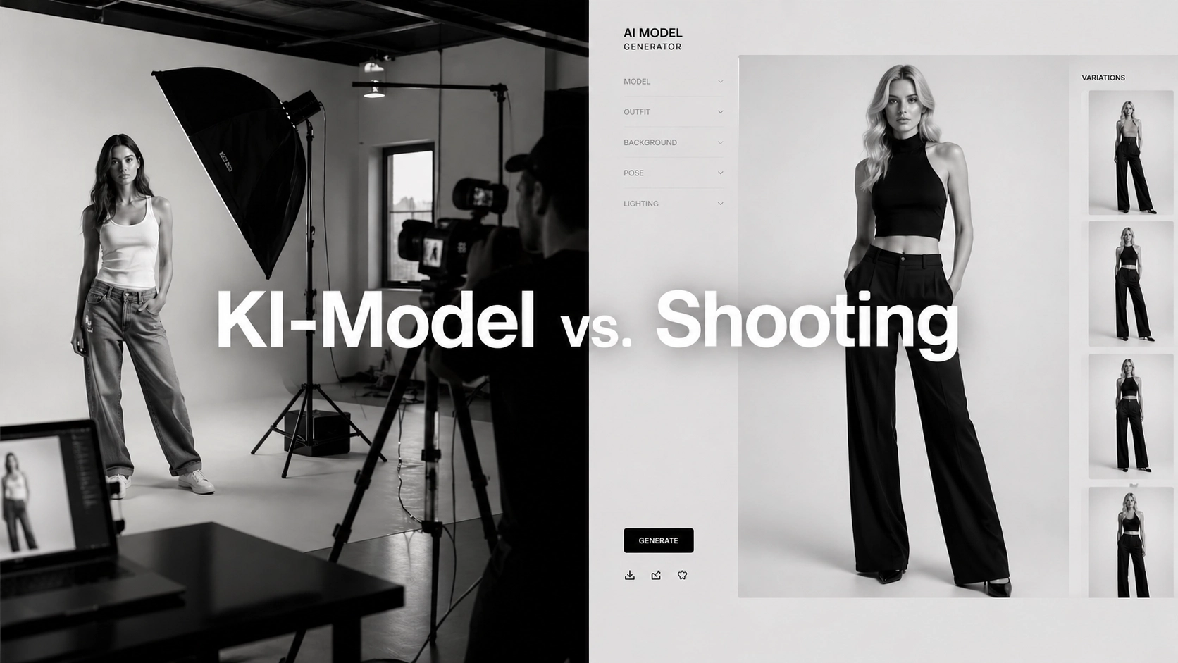 Fotorealistisches weibliches KI-Model im Vergleich zu klassischem Fotoshooting mit Studio-Setup und Generator-Interface, moderne Produktionsdarstellung, Trickhouse KI-Model-Agentur