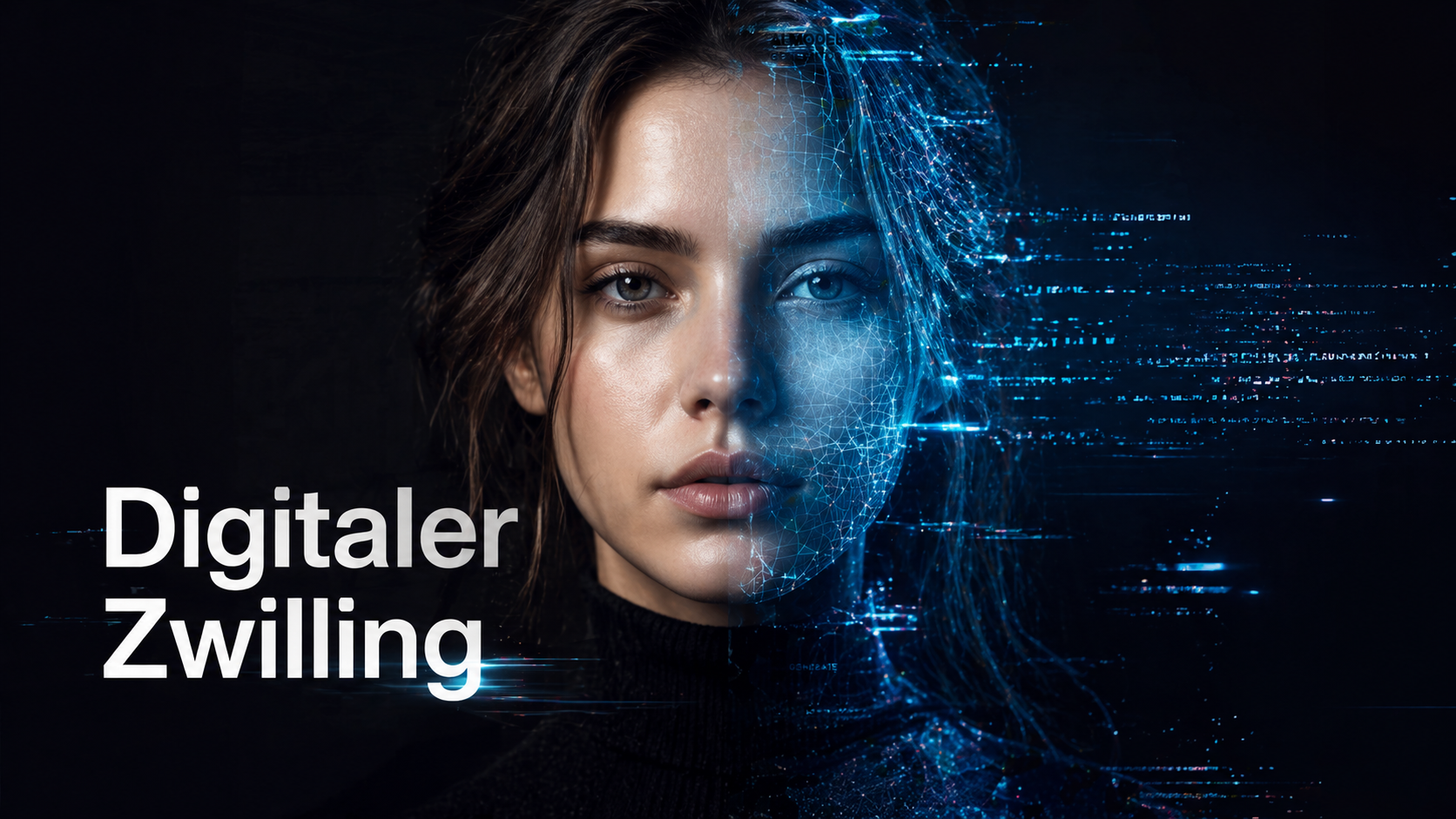 Fotorealistisches weibliches KI-Model als digitaler Zwilling mit halb realem und halb digitalem Gesicht, futuristisches Porträt, Trickhouse KI-Model-Agentur