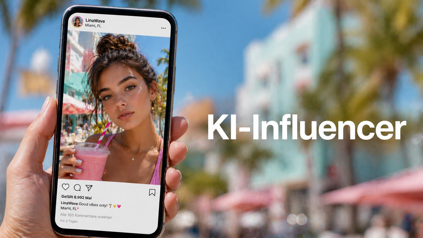 Fotorealistisches weibliches KI-Model als Social Media Influencer auf Smartphone mit Getränk, Lifestyle Content Darstellung, Trickhouse KI-Model-Agentur