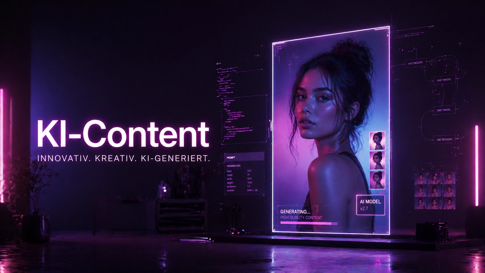 Fotorealistisches weibliches KI-Model mit digitalem Interface im Neonlicht, futuristische Content Darstellung, Trickhouse KI-Model-Agentur