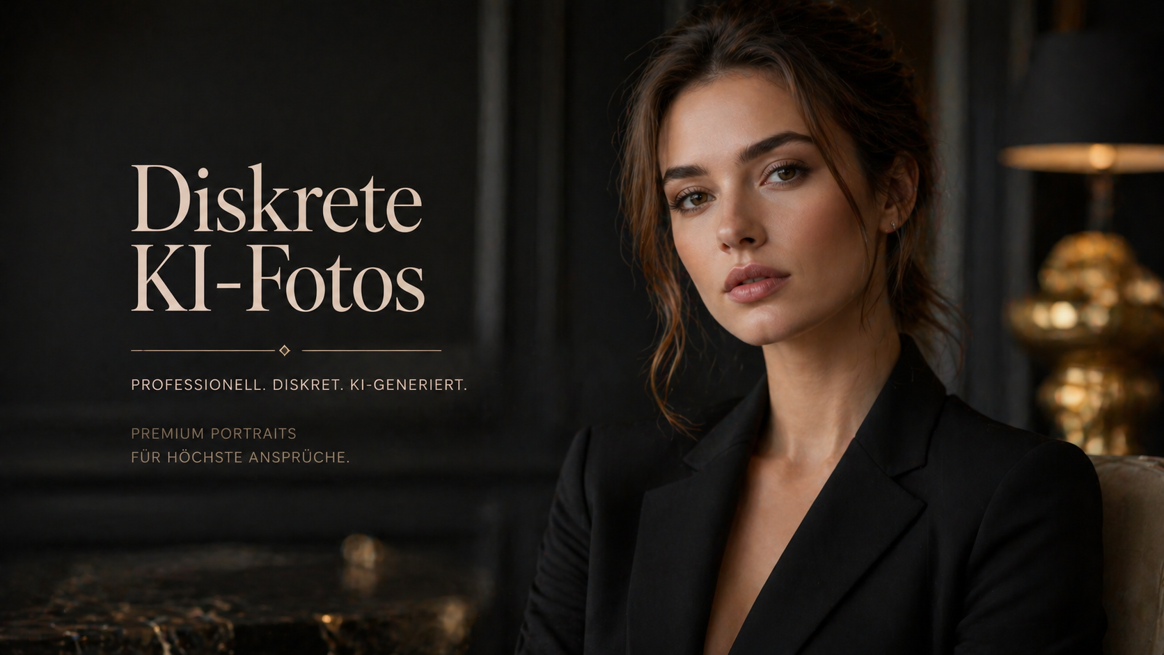 Fotorealistisches weibliches KI-Model im Blazer mit elegantem Look im Innenraum, Business Porträt, Trickhouse KI-Model-Agentur