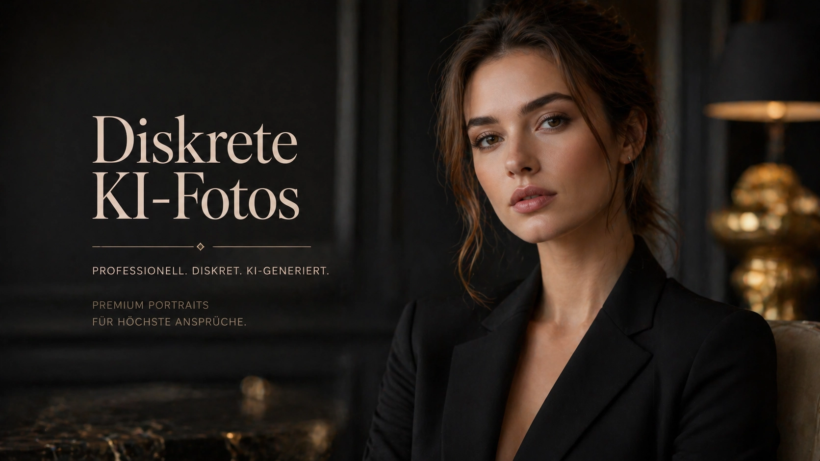 Fotorealistisches weibliches KI-Model im Blazer mit elegantem Look im Innenraum, Business Porträt, Trickhouse KI-Model-Agentur