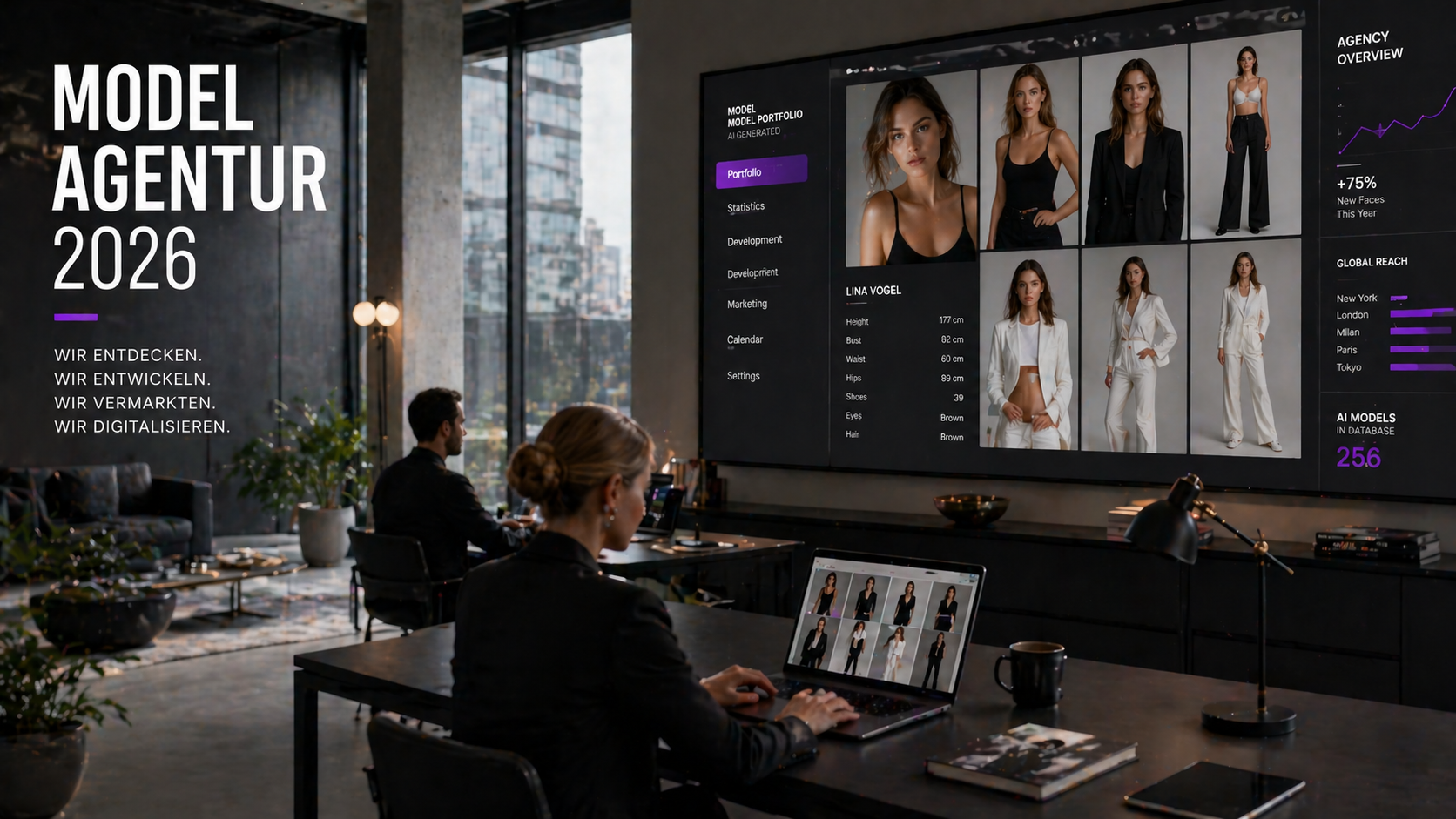 Fotorealistisches weibliches KI-Model Portfolio auf Bildschirm in moderner Agentur, digitales Management, Trickhouse KI-Model-Agentur