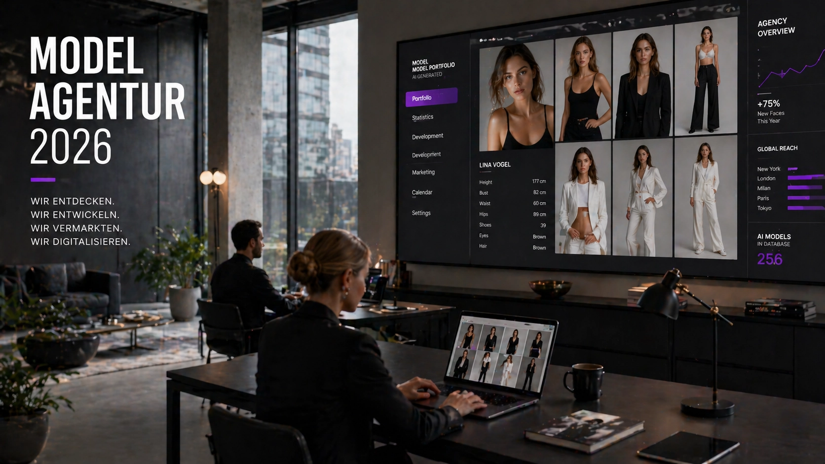 Fotorealistisches weibliches KI-Model Portfolio auf Bildschirm in moderner Agentur, digitales Management, Trickhouse KI-Model-Agentur