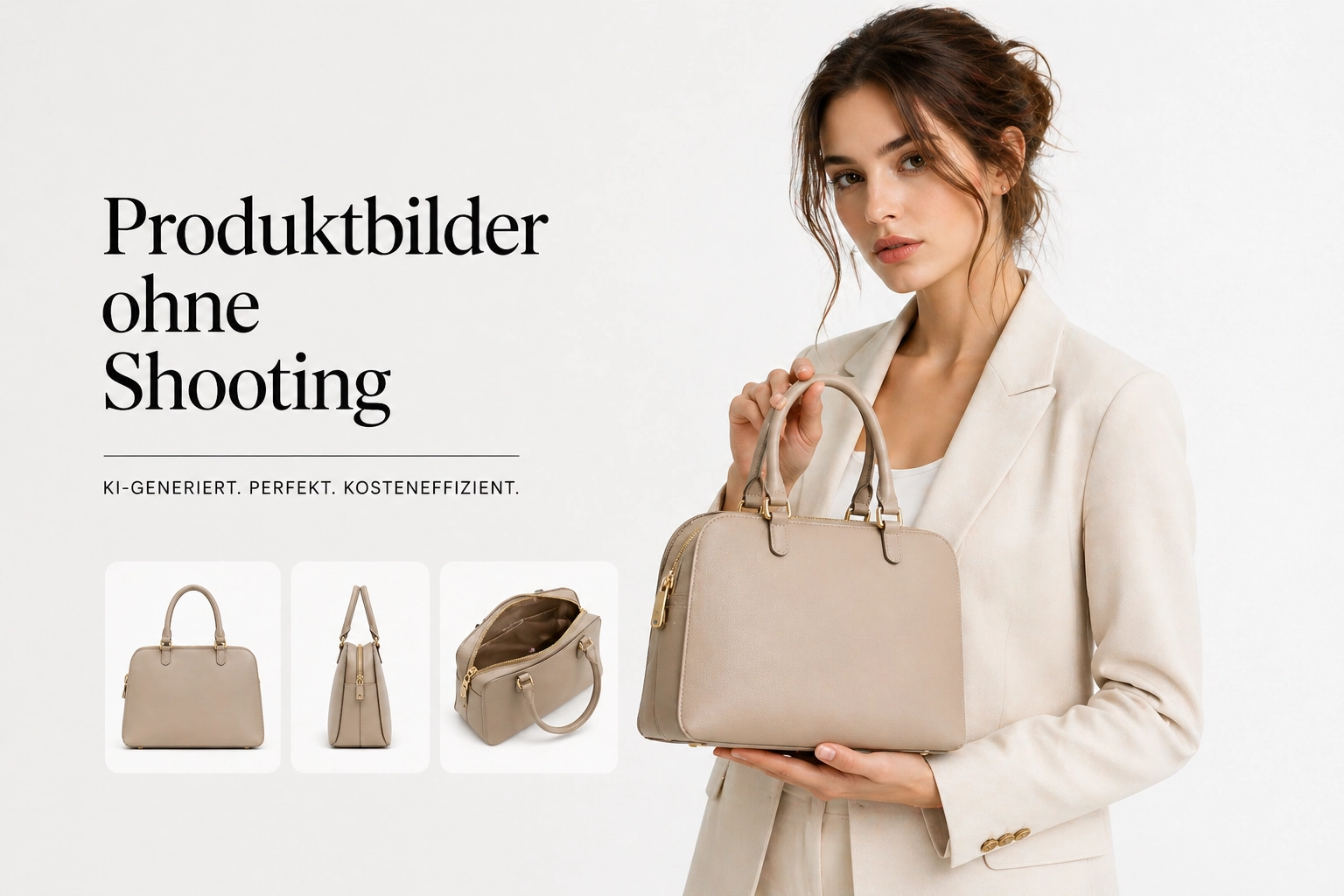 Fotorealistisches weibliches KI-Model präsentiert Handtasche im Studio mit Produktdarstellung, E-Commerce Stil, Trickhouse KI-Model-Agentur