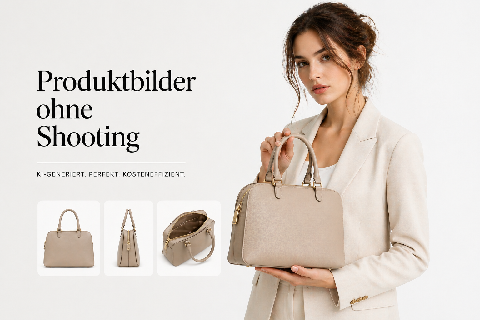 Fotorealistisches weibliches KI-Model präsentiert Handtasche im Studio mit Produktdarstellung, E-Commerce Stil, Trickhouse KI-Model-Agentur